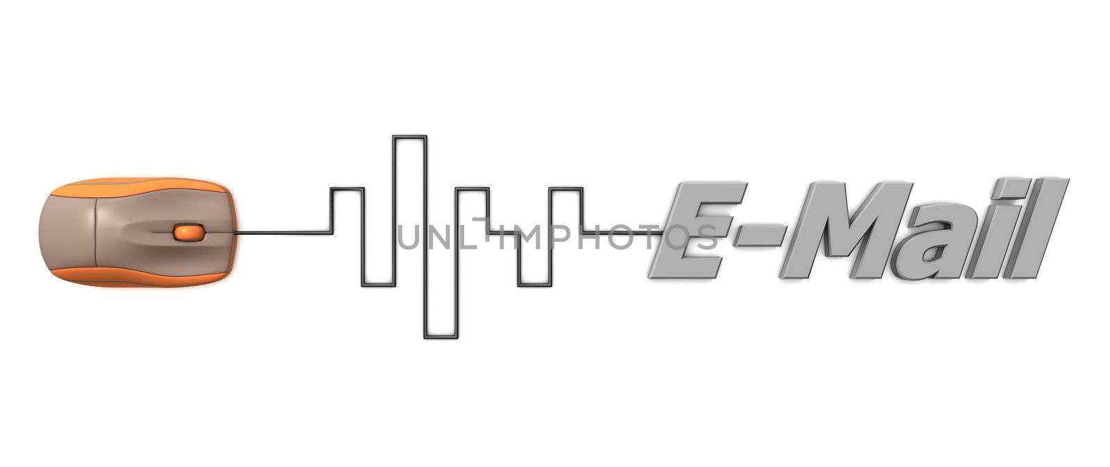 orange computer mouse connected to the grey word E-Mail via digital waveform cable