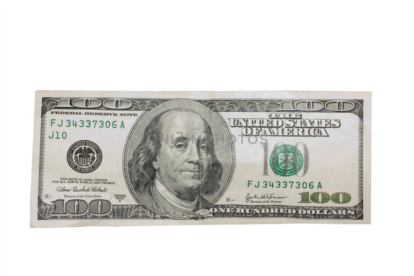 Isolated US One Hundred Dollar Bill 100 over a white background.