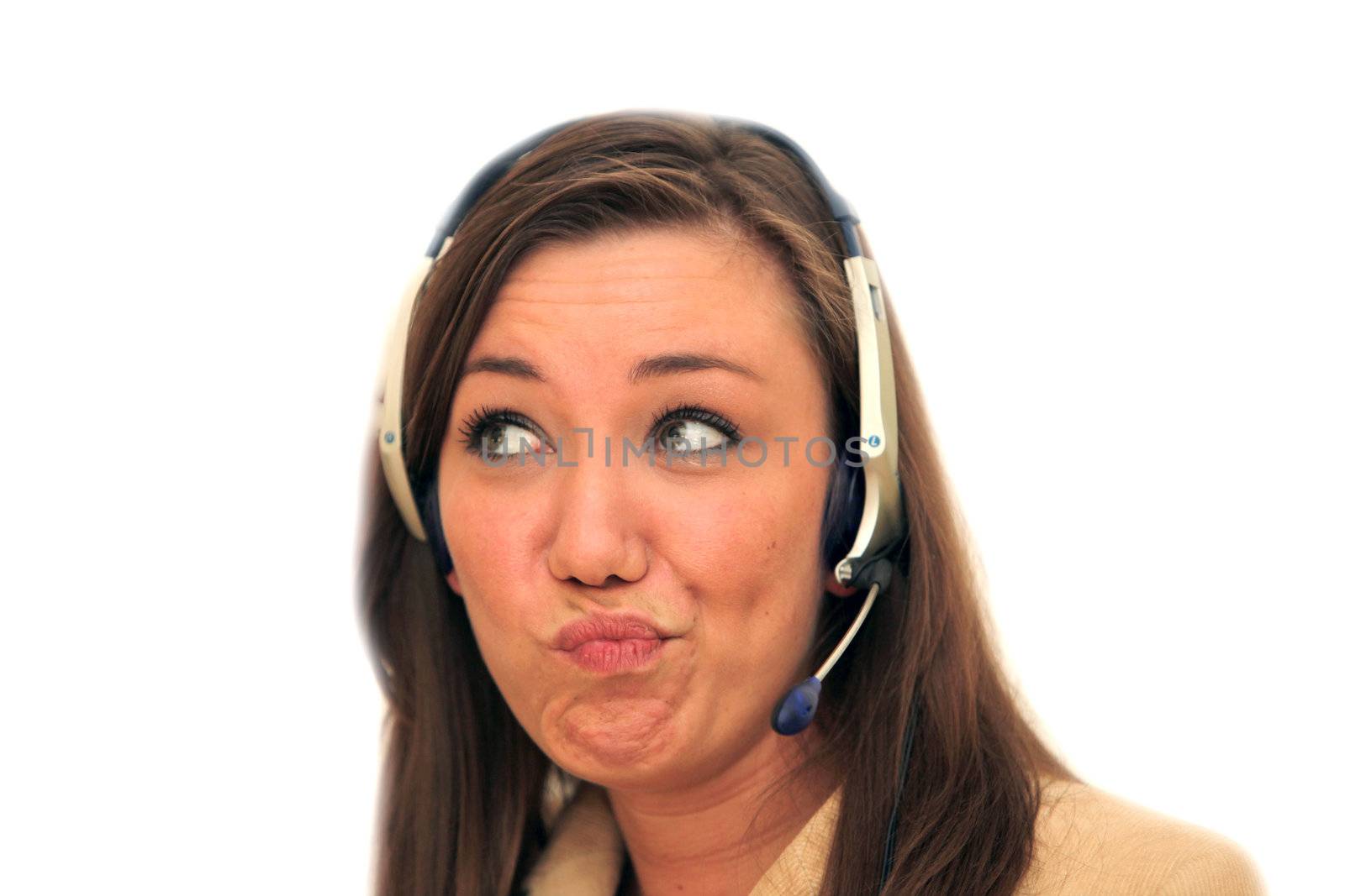 Helpless woman with headset looking up