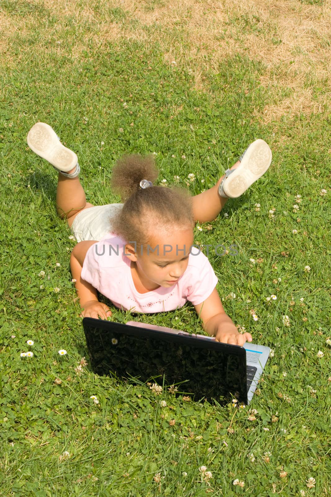 Young Girl Conducting Business on Laptop while she is laying down on the grass and clovers in the park. 
