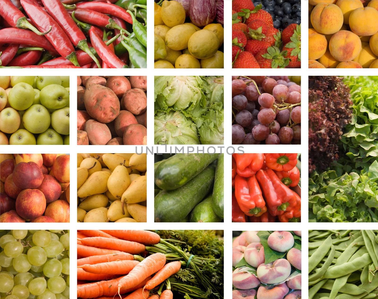 Colorful fruits and vegetables collage made from seventeen pictures.