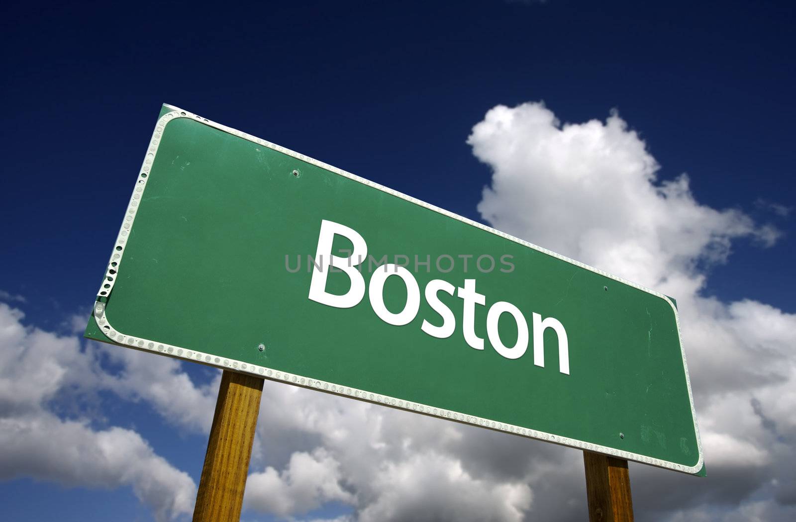 Boston Road Sign with dramatic blue sky and clouds - U.S. State Capitals Series.
