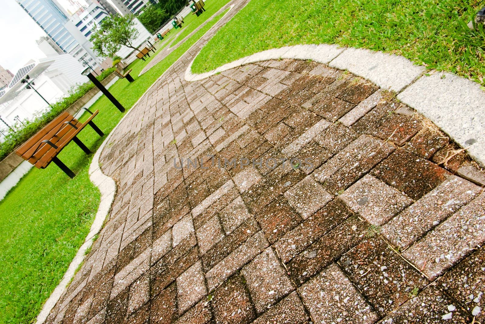 It is a cityscape of green park with curve way acrossed.