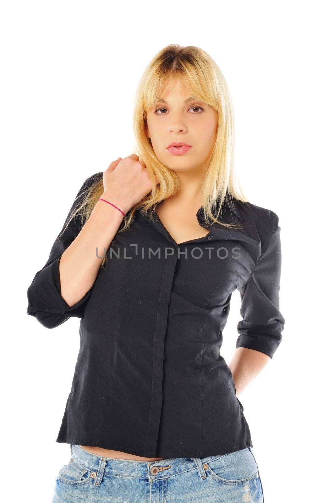 attractive young blond model on a white background