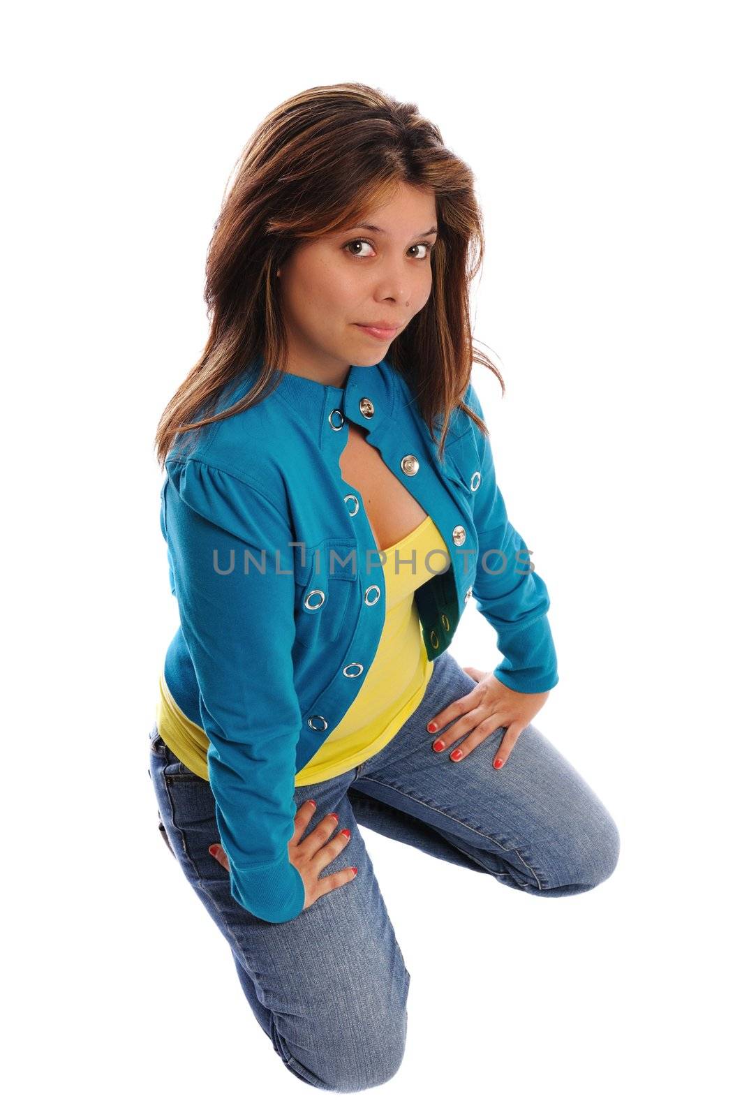 attractive young woman in casual fashion on a white background