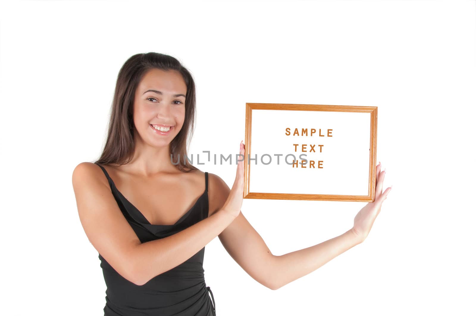 Woman with frame, studio shot, isolated on white