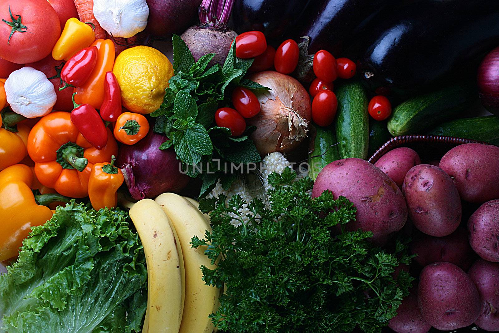 Vegetables and fruit are collected as the basic components of any culinary recipe.
