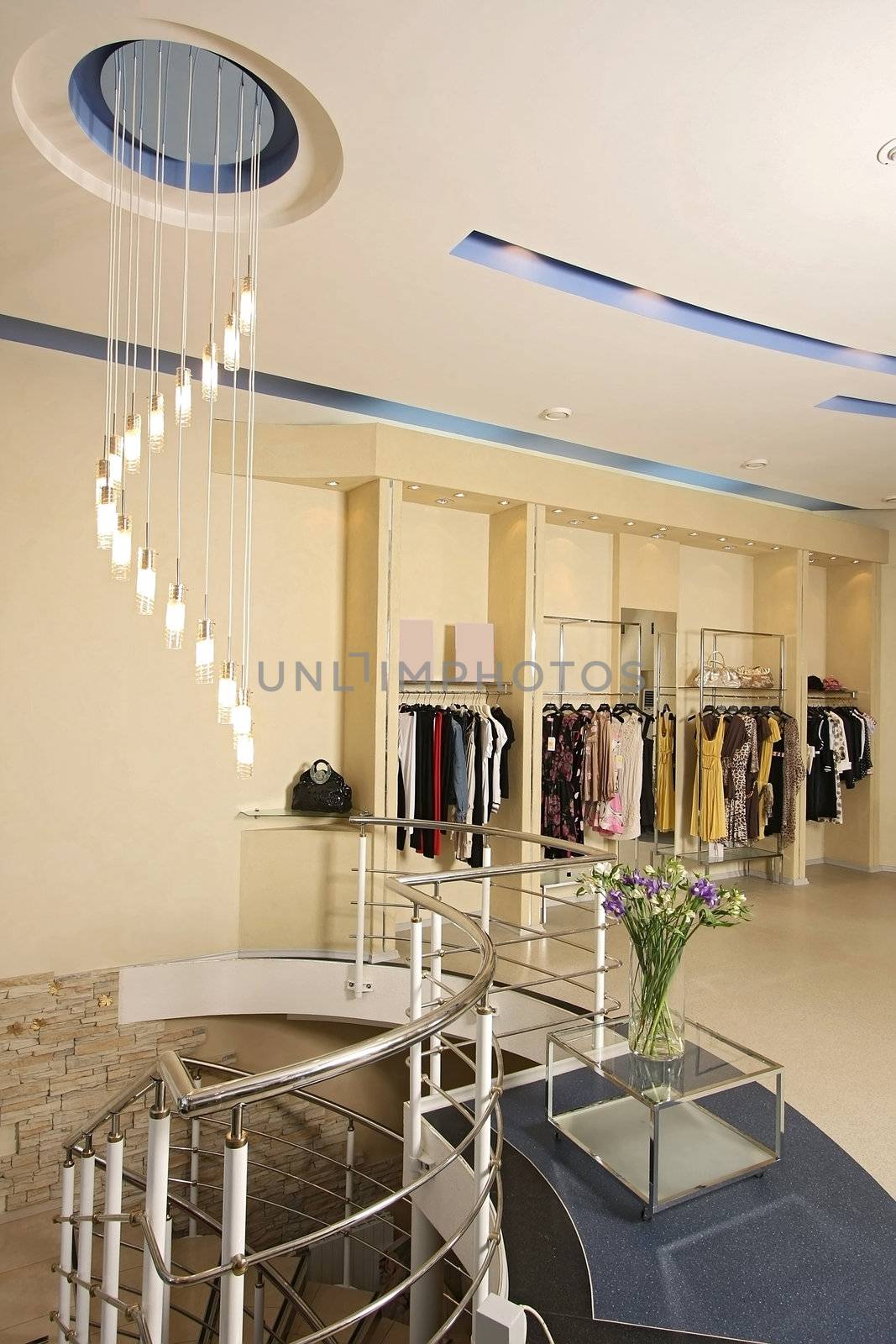Interior of the big shop of fashionable clothes