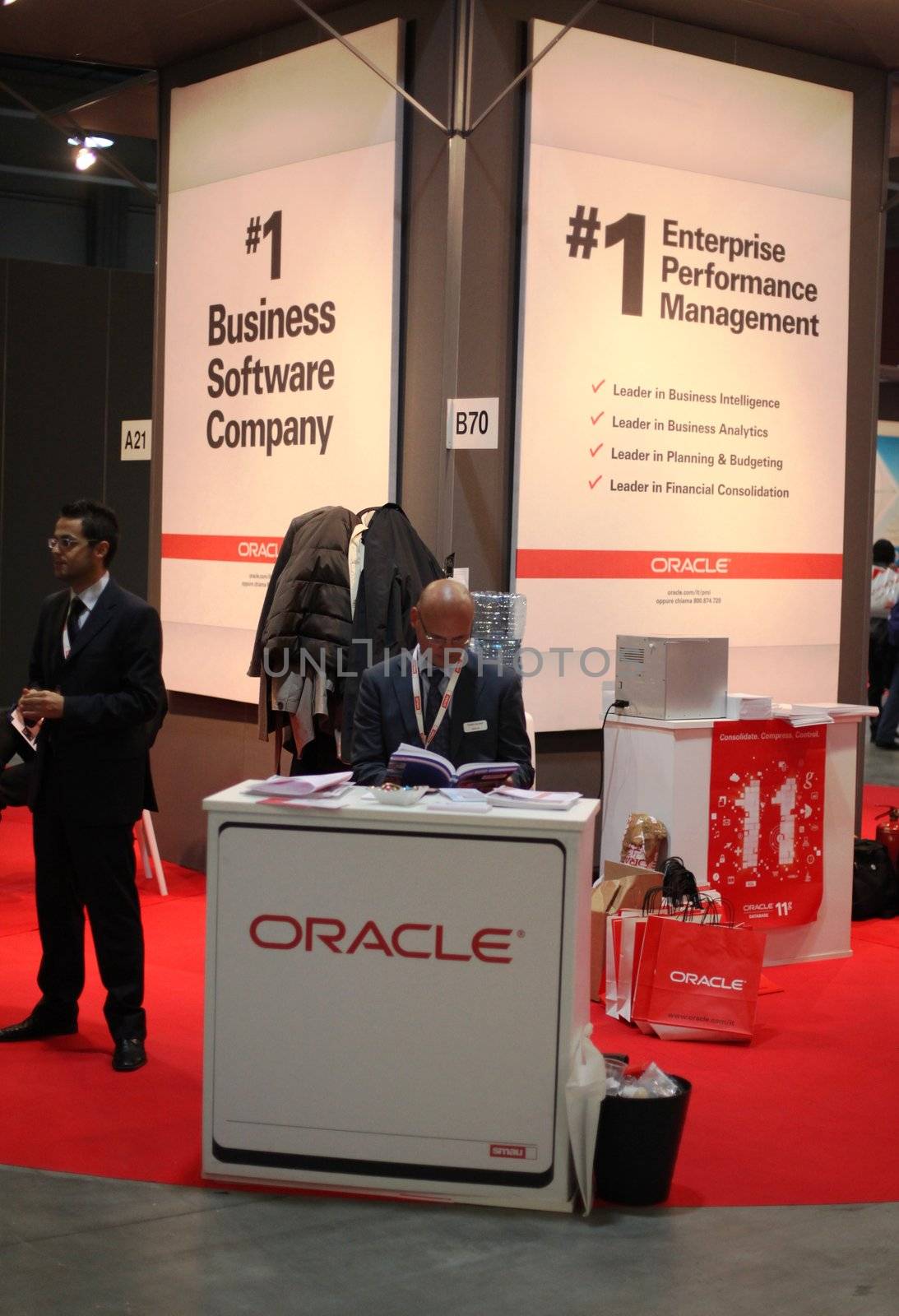 Close-up of Oracle stand at Smau, national fair of business intelligence and information technology October 21, 2009 in Milan, Italy.
