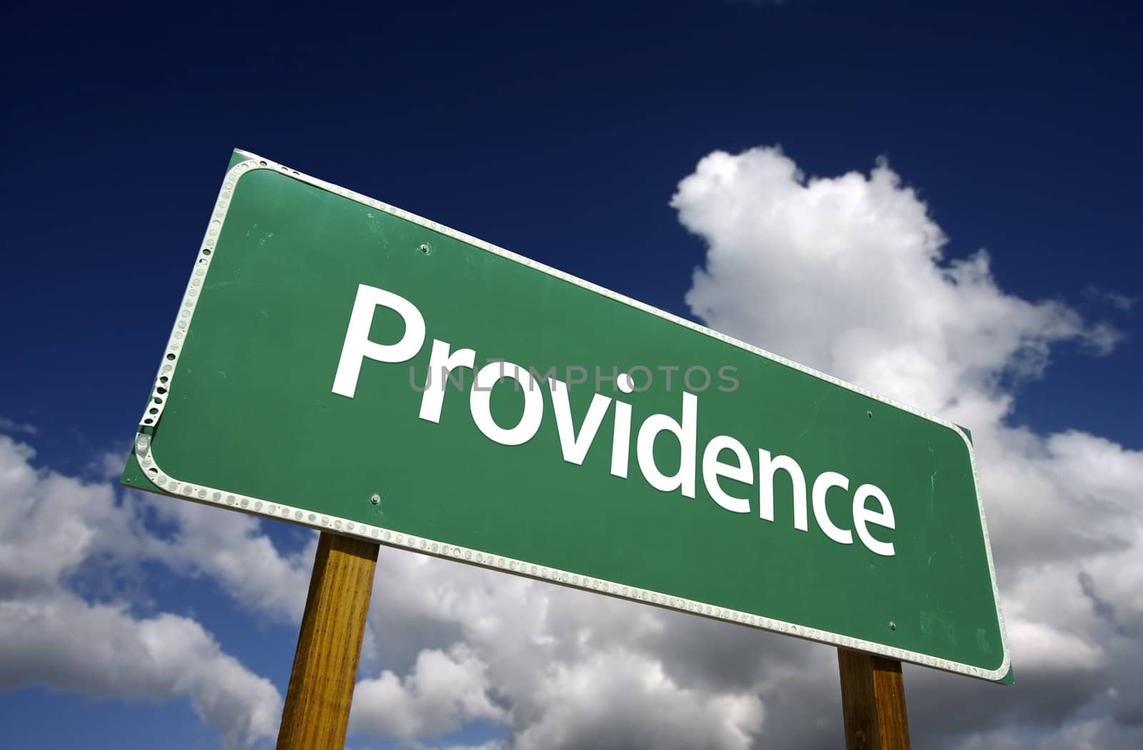 Providence Road Sign with dramatic blue sky and clouds - U.S. State Capitals Series.