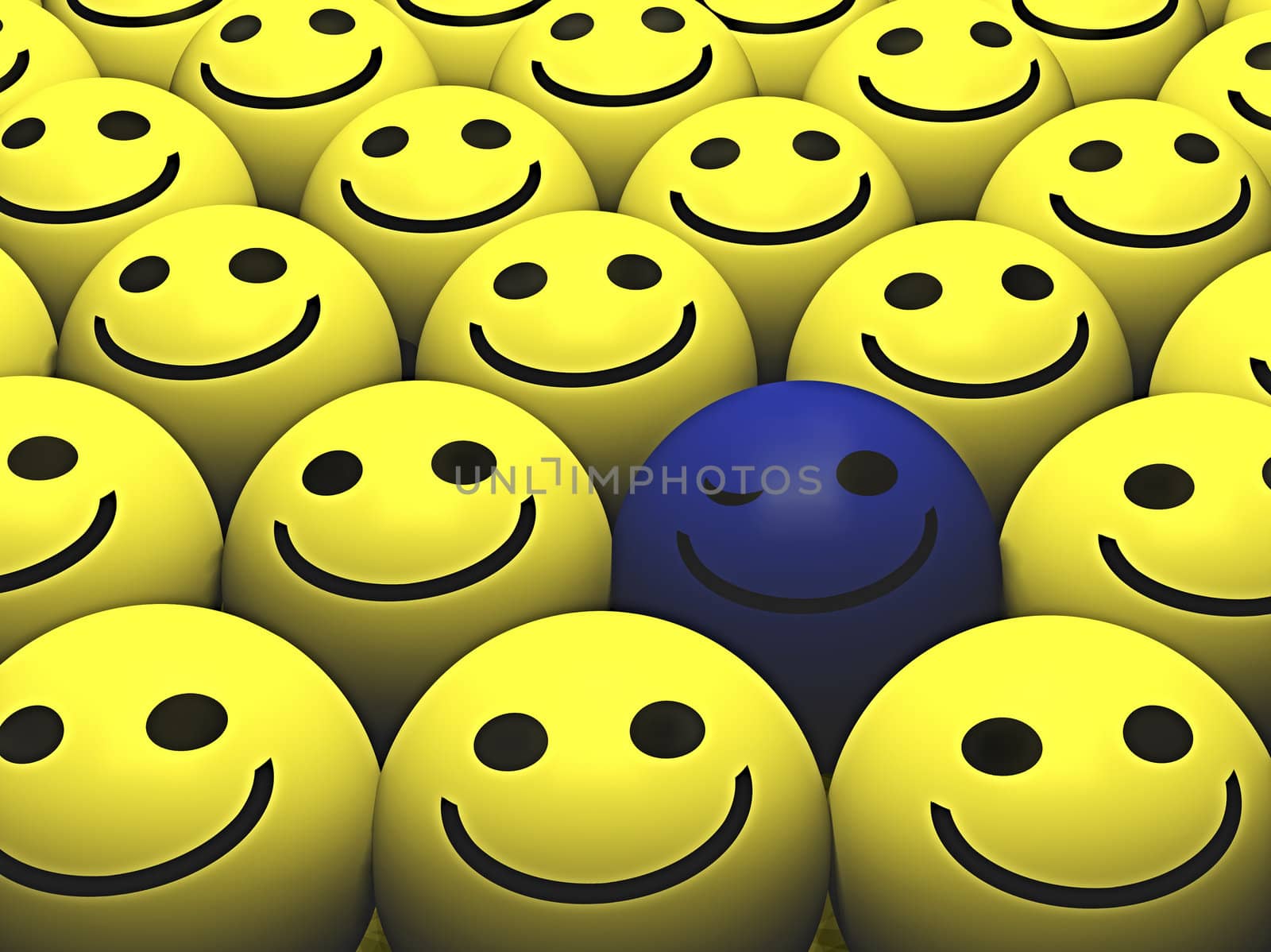 A winking blue smiley stands out from the crowd