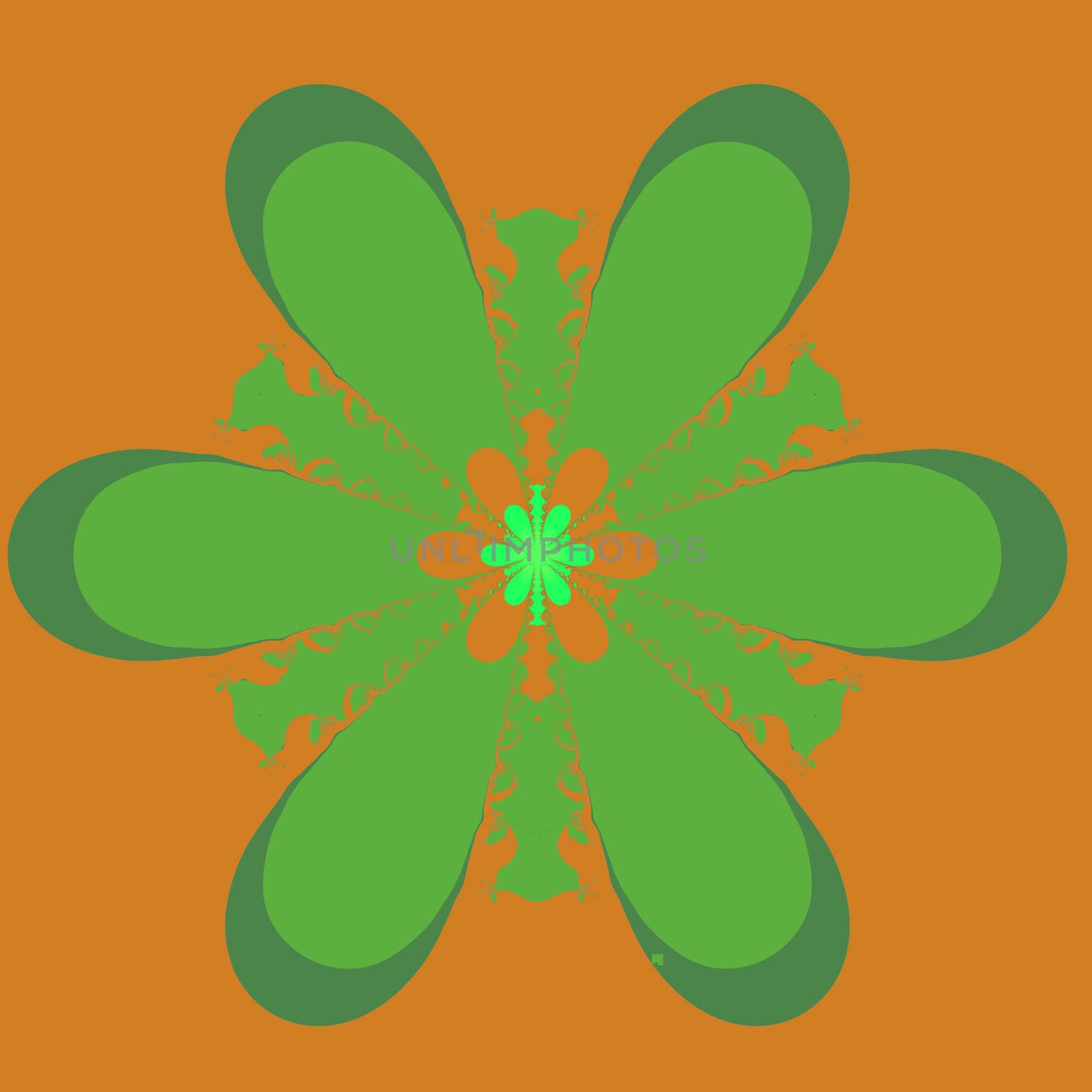 An abstract fractal done in shades of green and orange.