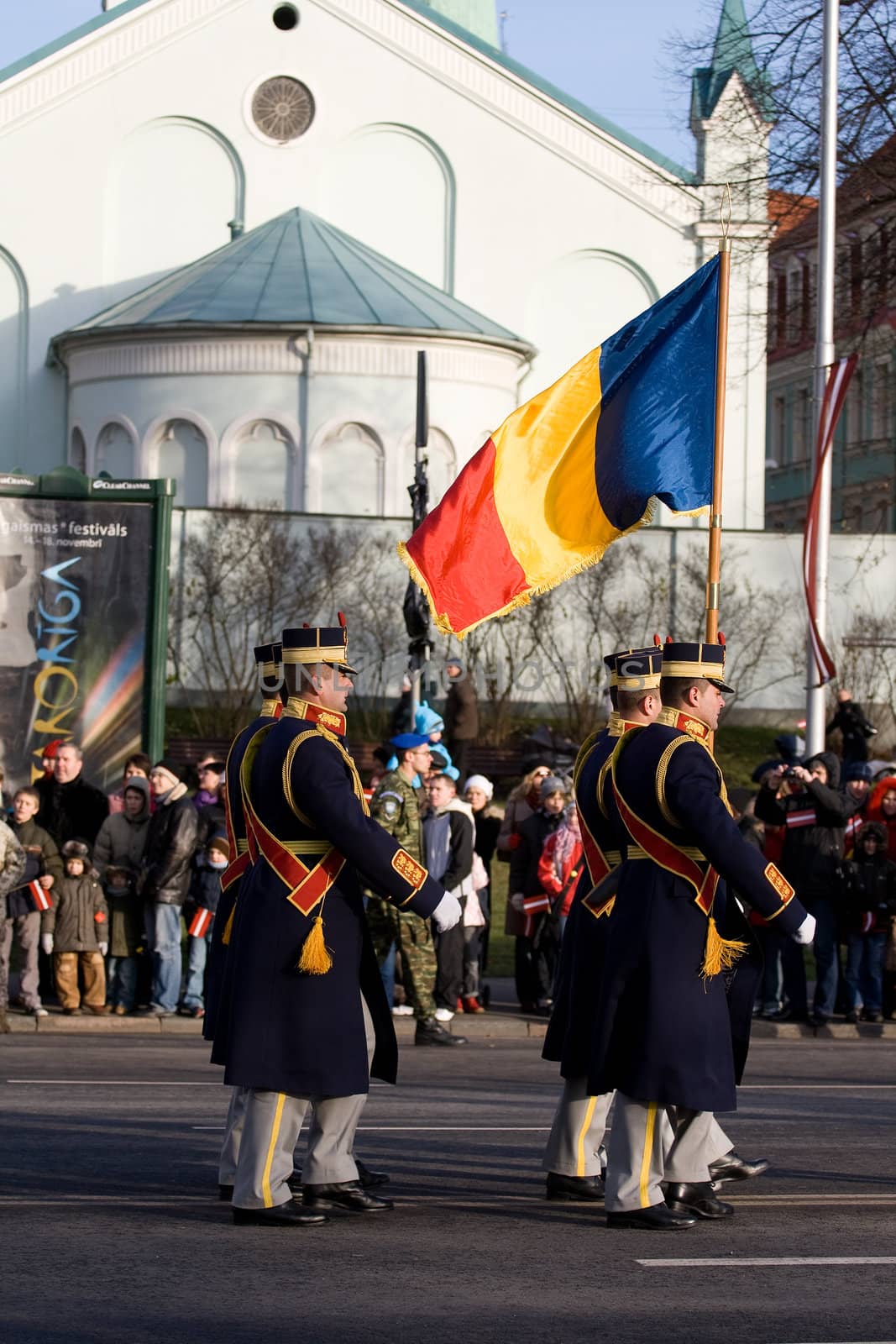 LATVIA - NOVEMBER 18: Romanian Color Guard at Military parade of the National Armed Forces. 90th anniversary of establishment of the Republic of Latvia. Riga November 18