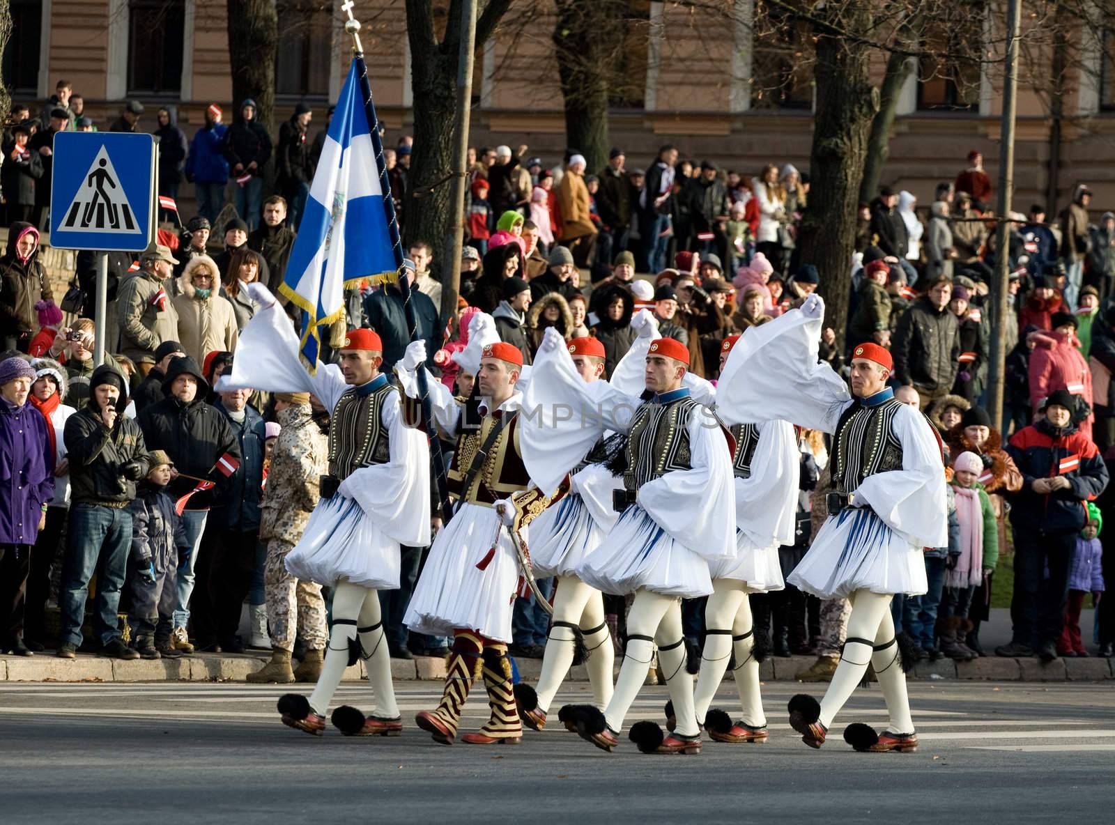 LATVIA - NOVEMBER 18: Greek Color Guard at Military parade of the National Armed Forces. 90th anniversary of establishment of the Republic of Latvia. Riga November 18, 2008