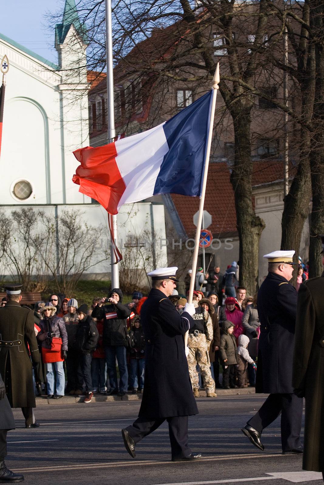 LATVIA - NOVEMBER 18: French Color Guard at Military parade of the National Armed Forces. 90th anniversary of establishment of the Republic of Latvia. Riga November 18, 2008