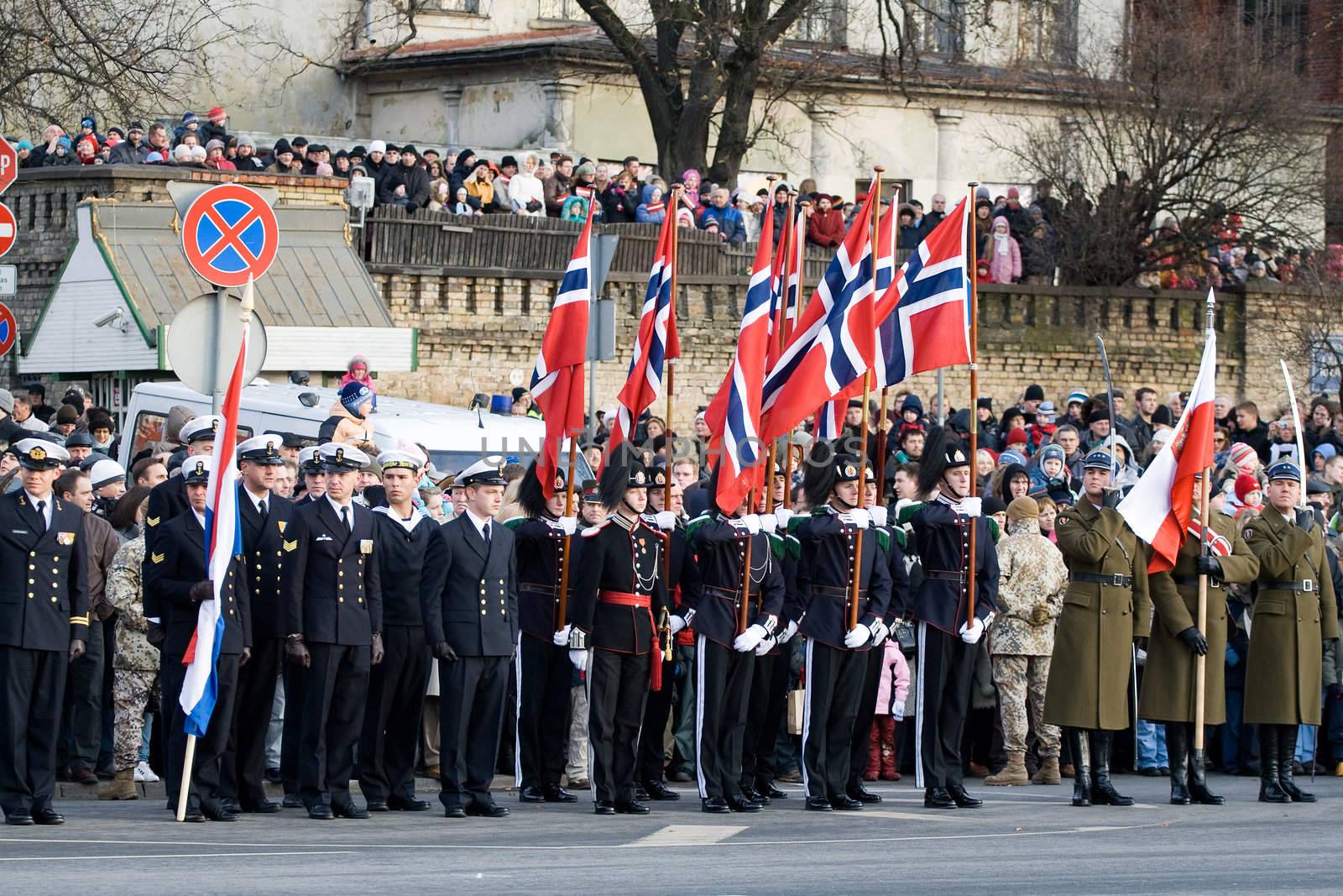 LATVIA - NOVEMBER 18: Norwegian Color Guard at Military parade of the National Armed Forces. 90th anniversary of establishment of the Republic of Latvia. Riga November 18, 2008