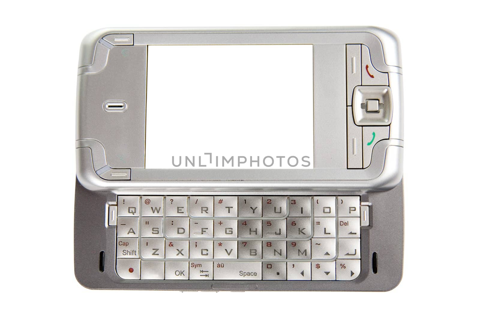 smartphone with GPS module - isolated on white background. The screen is perfectly white - copy space