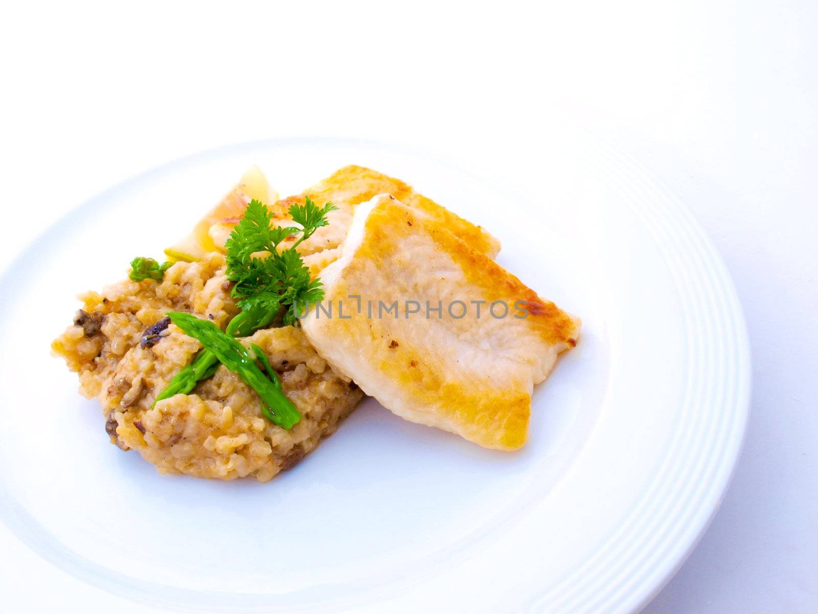  Fish fillet with rice on white background