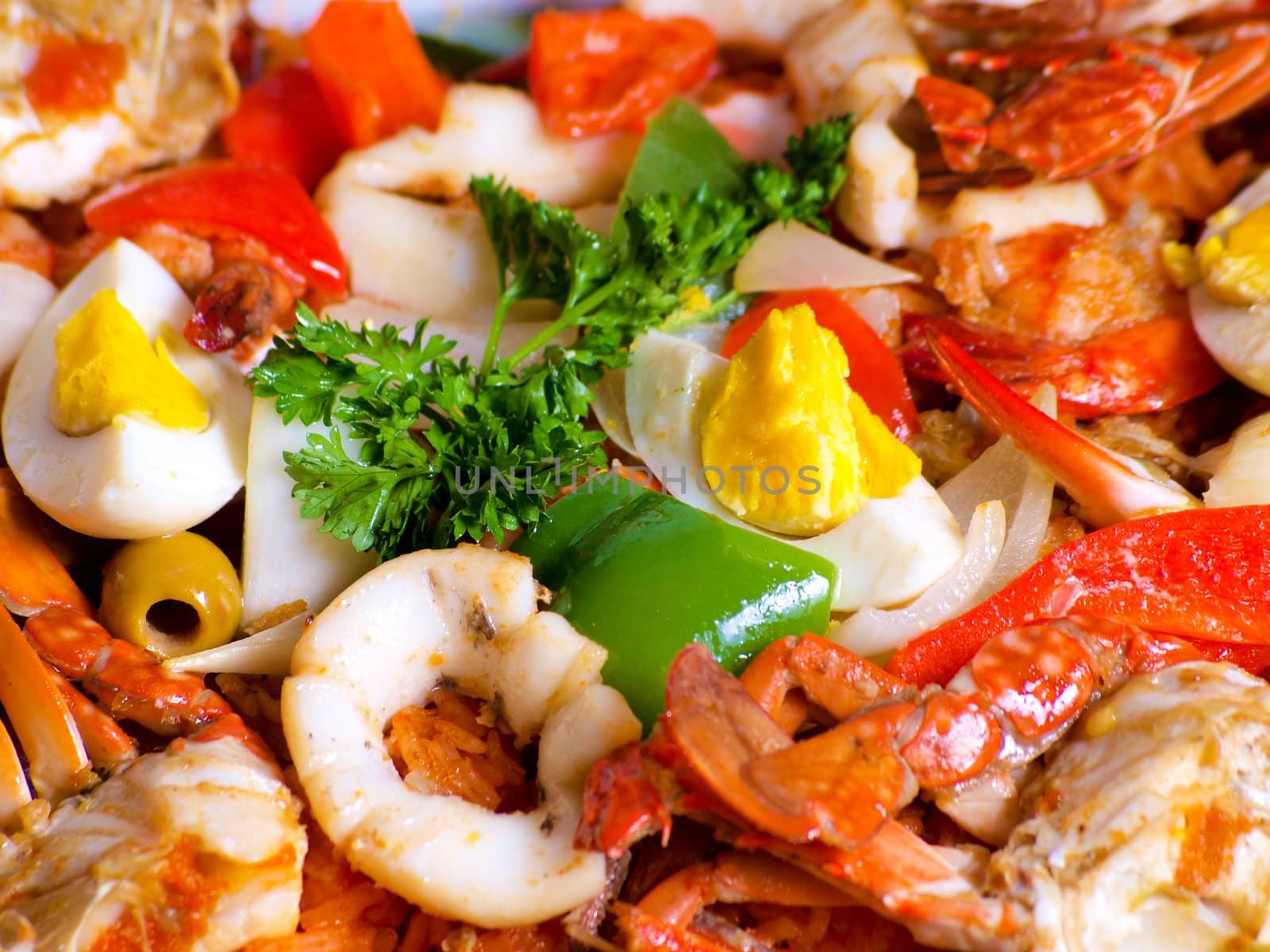  Delicious Seafood paella close up