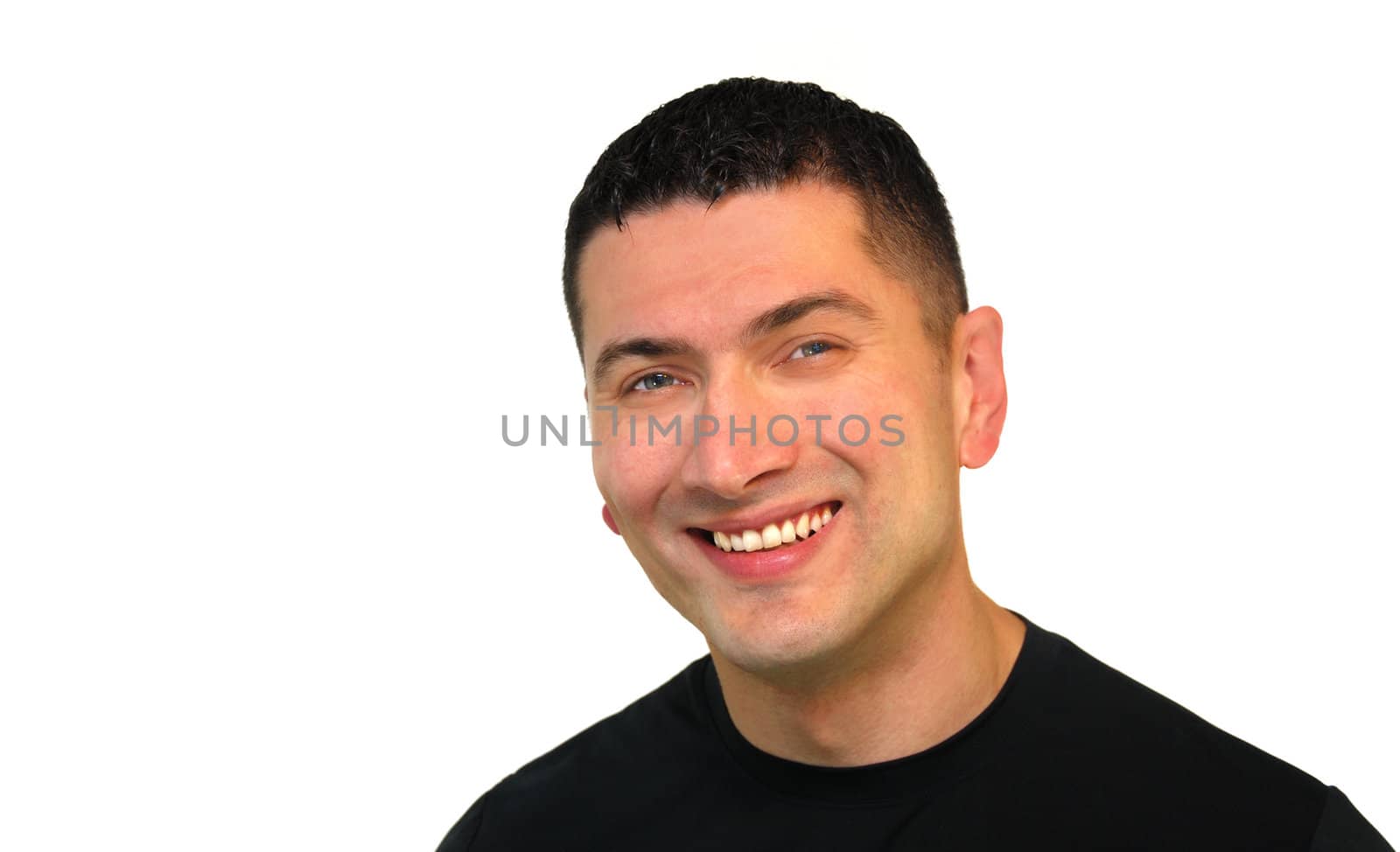 A portrait of a smiling Caucasian handsome man isolated over white background.