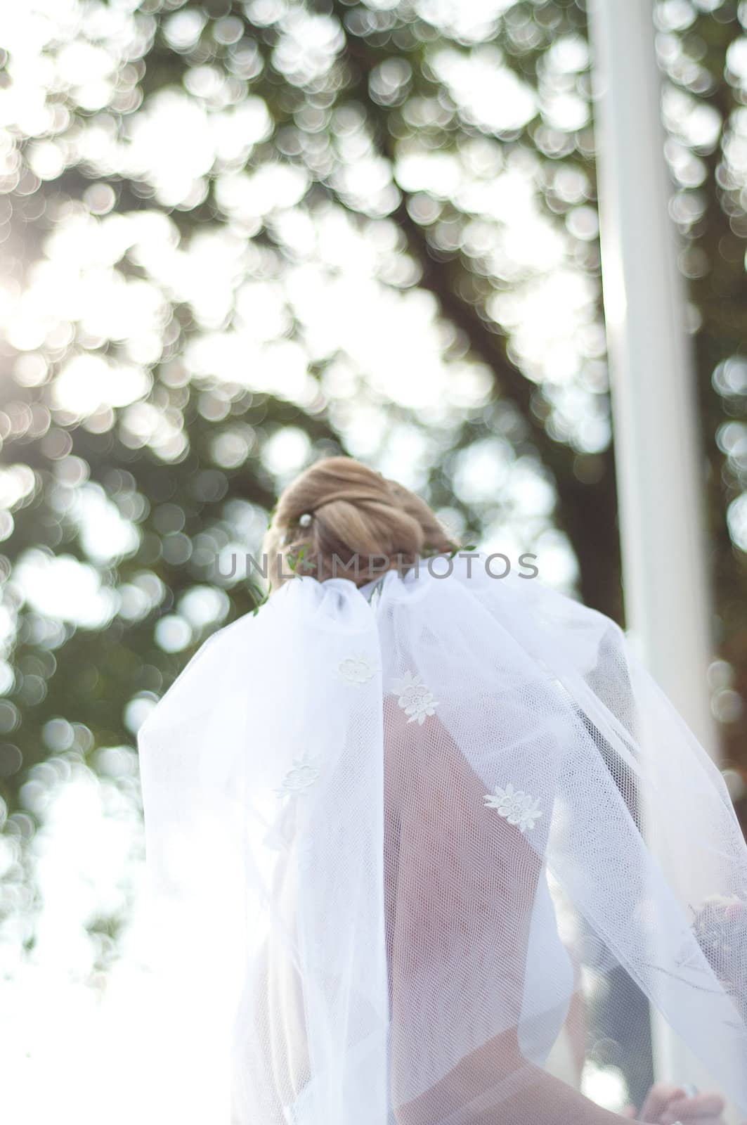 Bride facing the sun in wedding gown with background out off focus