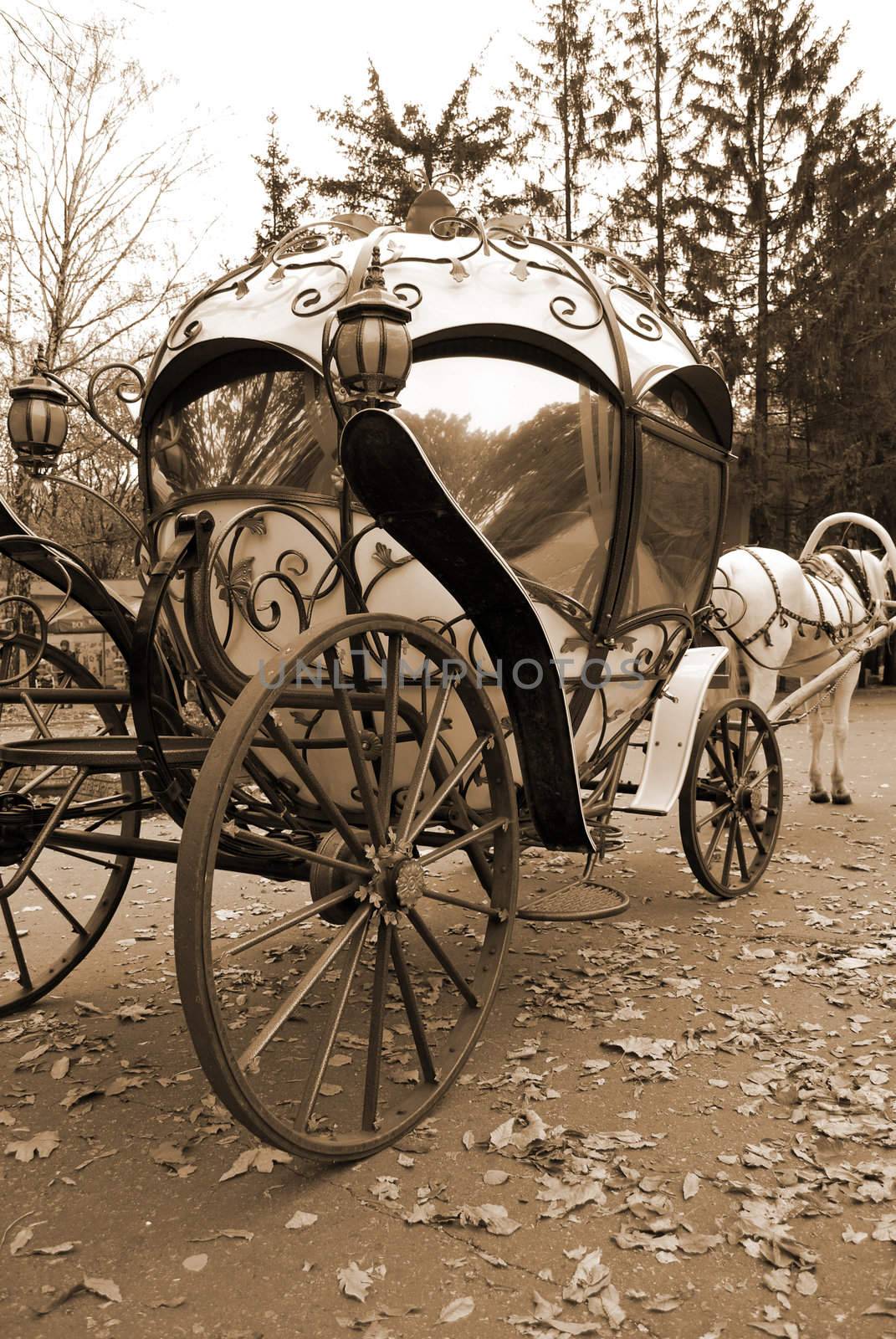 Fairy Tale Forged Coach With Big Metal Wheels, Beautiful Decor And Mirror Glass Windows