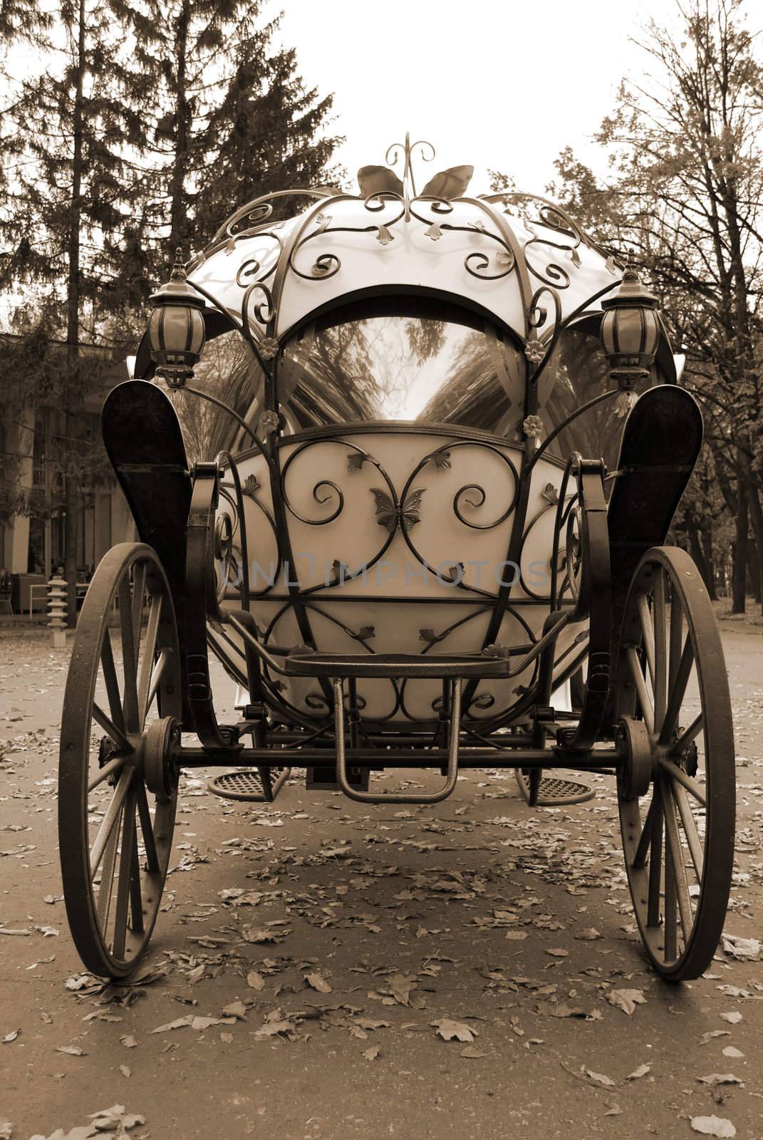 Fairy Tale Forged Coach With Big Metal Wheels, Beautiful Decor And Mirror Glass Windows (Back View)