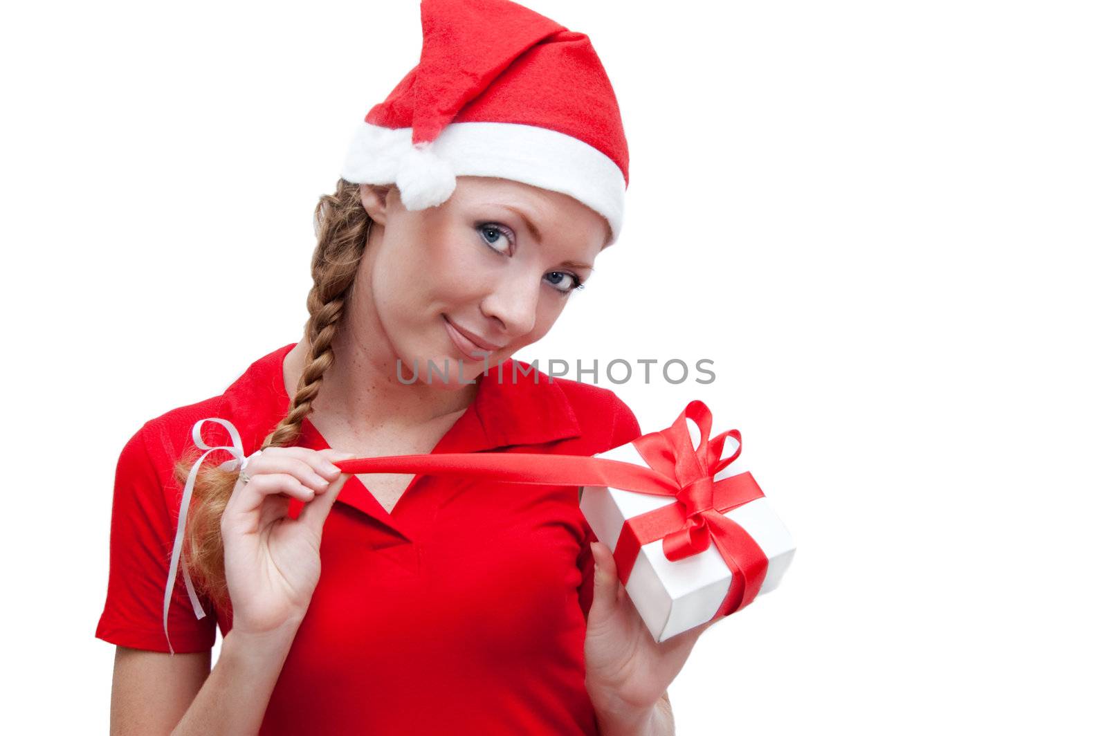 Joyful Santa helper openning present box over white
