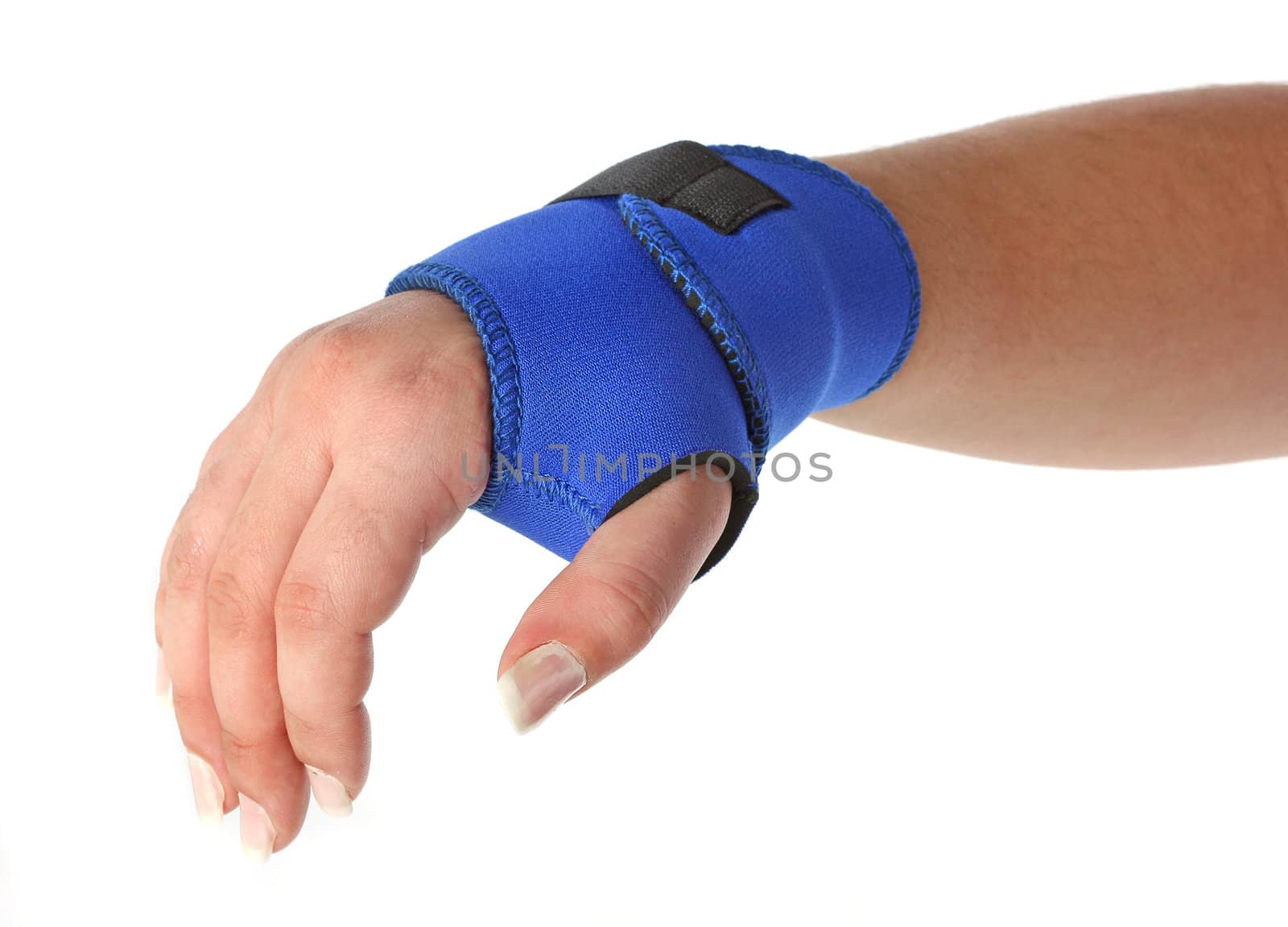 Human hand with a wrist brace, orthopeadic equipment over white