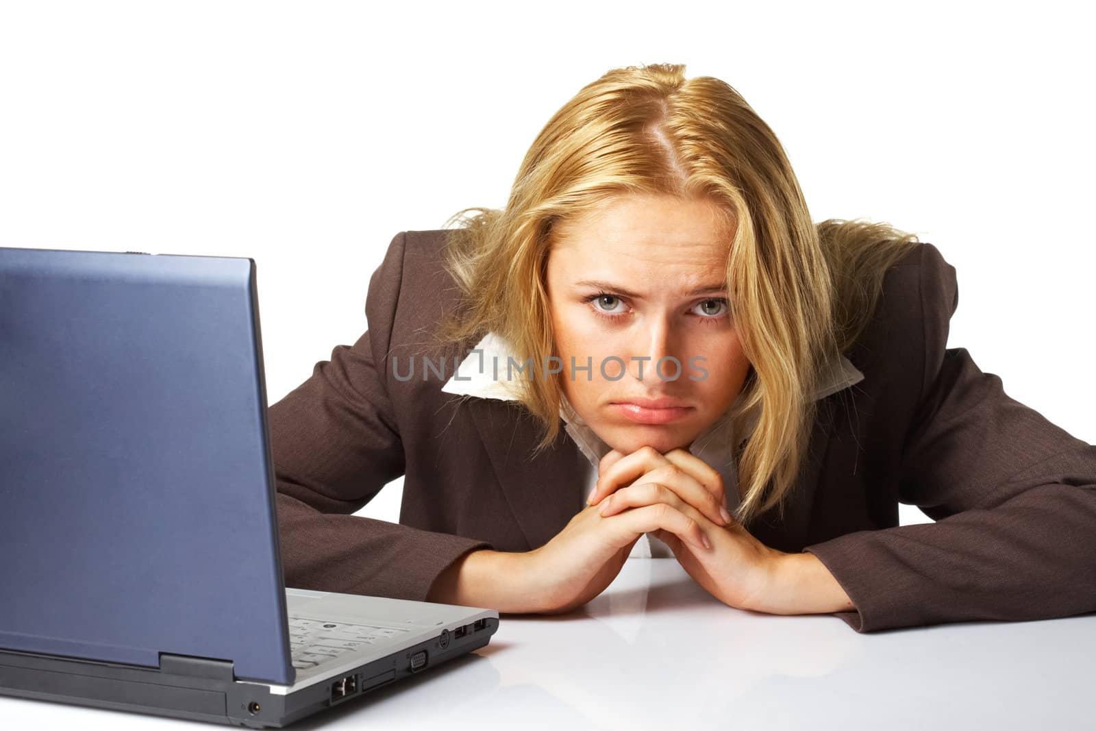 Portrait of an tired business woman isolated over white background