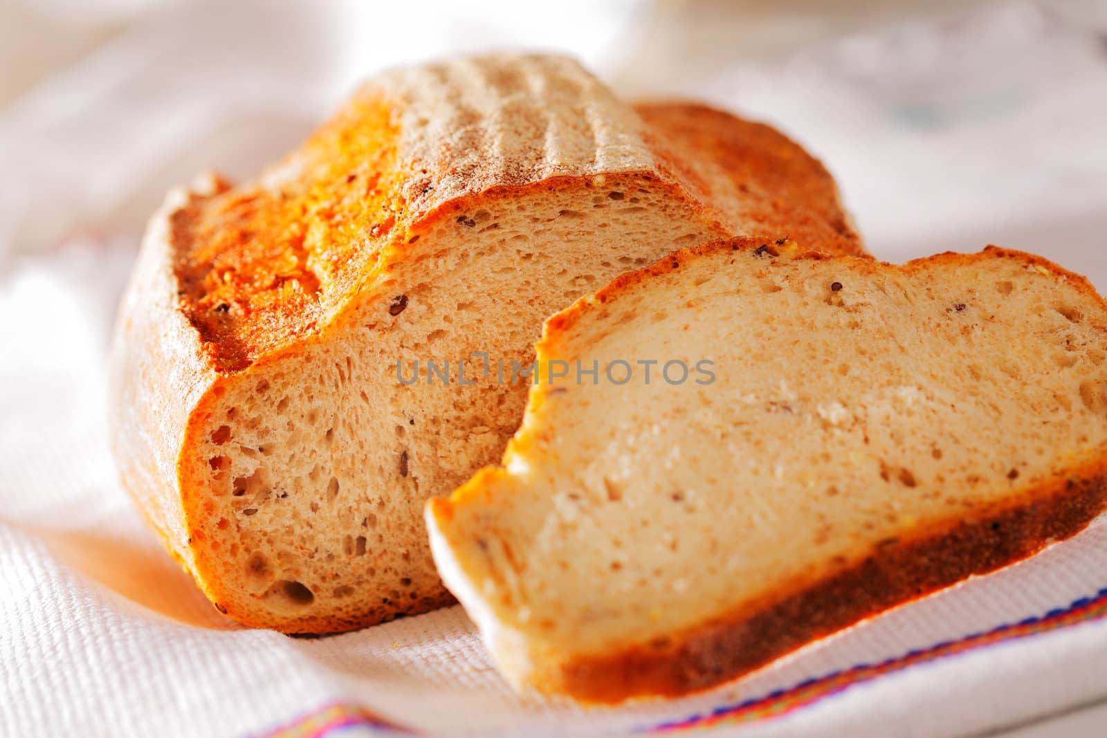 Delicious, fresh, home-made bread on white