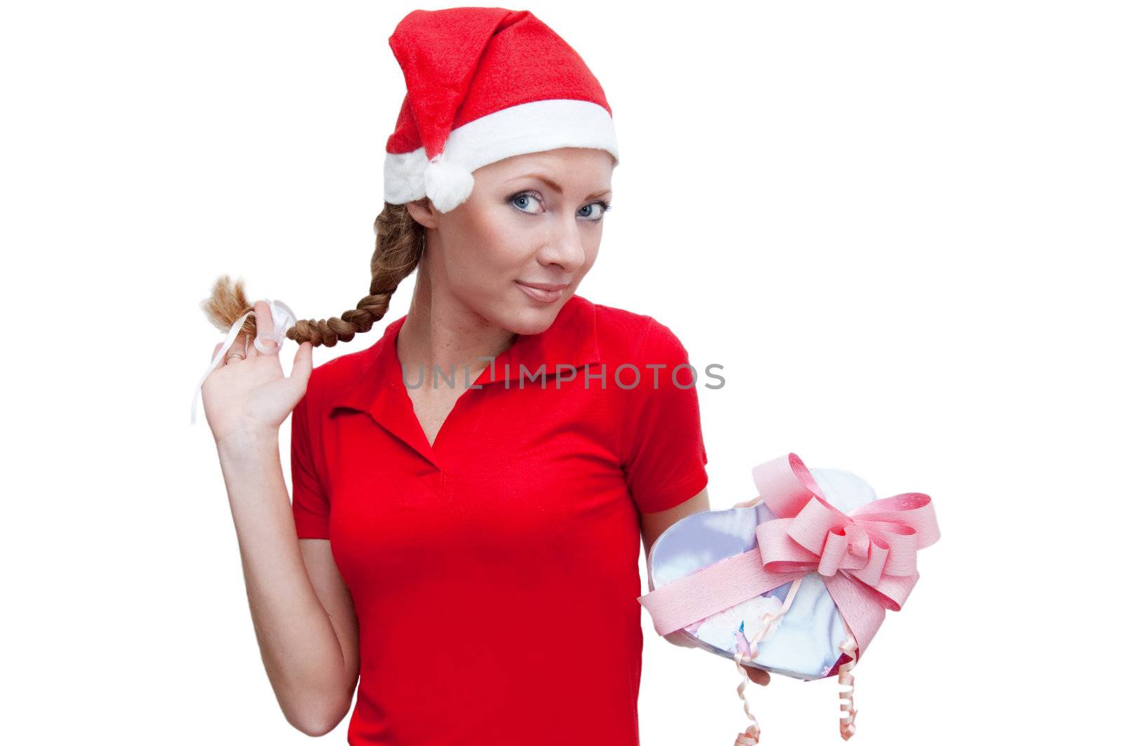 Joyful Santa helper with heart-shaped present box over white