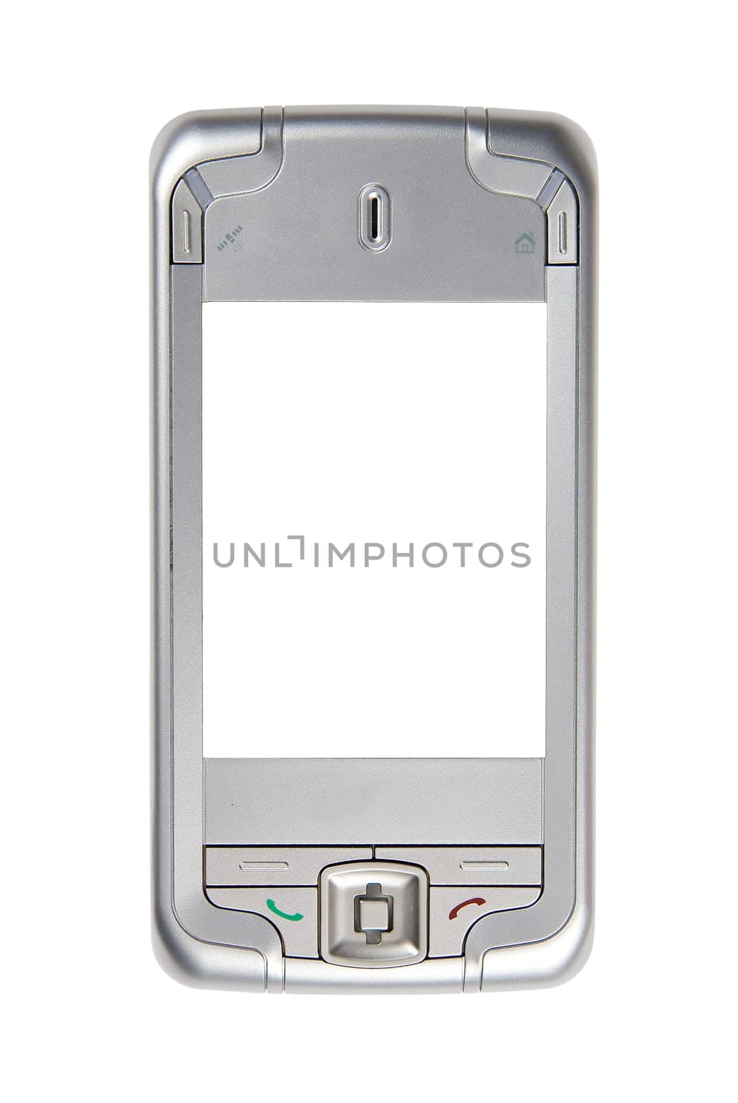 smartphone with GPS module - isolated on white background. The screen is perfectly white - copy space