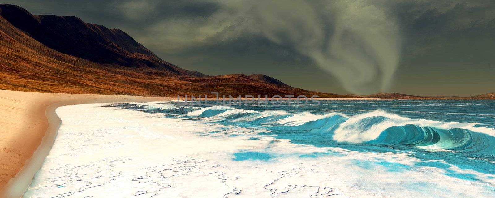 White surf comes into shore from a waterspout. 