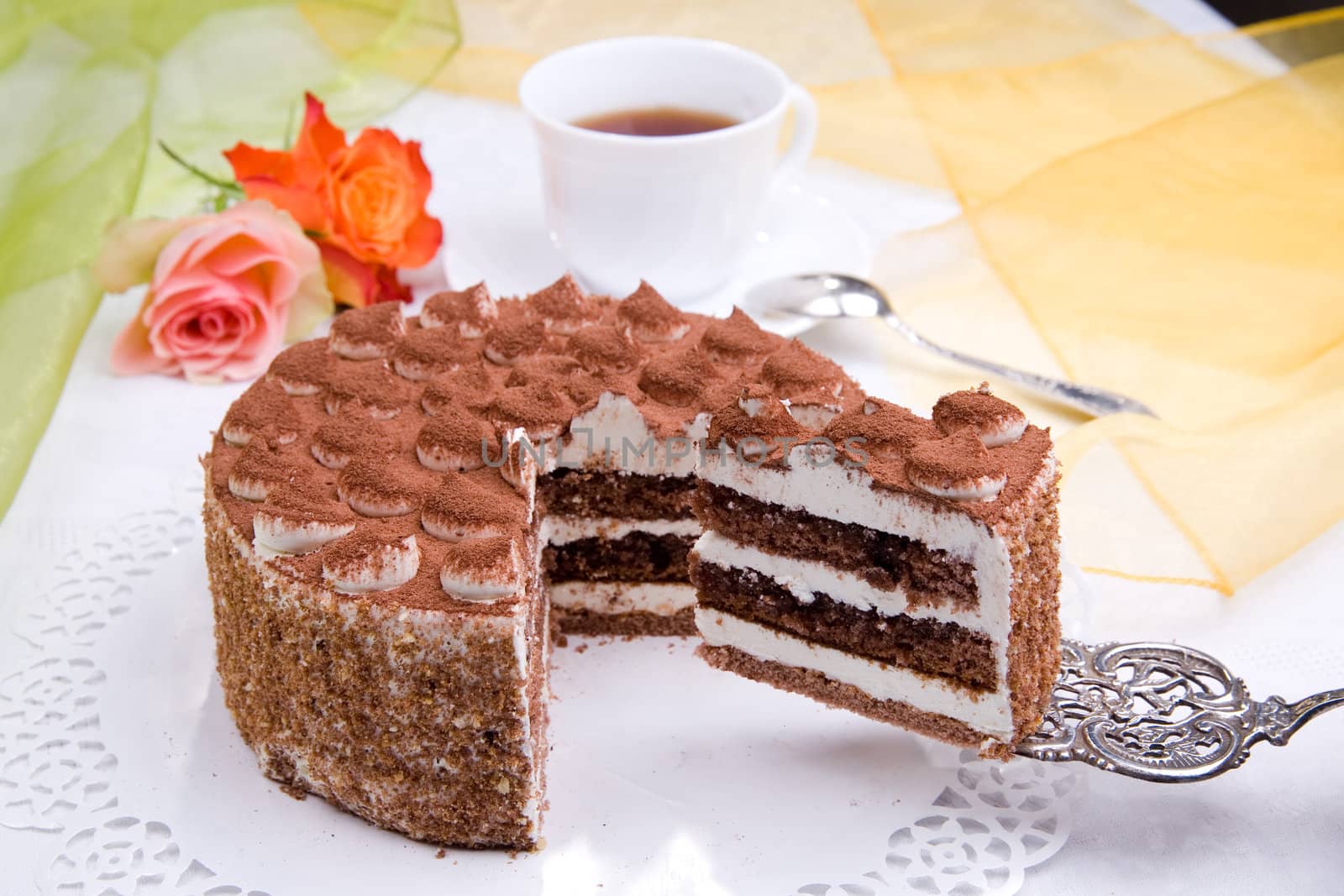 piece of delicious cake with coffee
