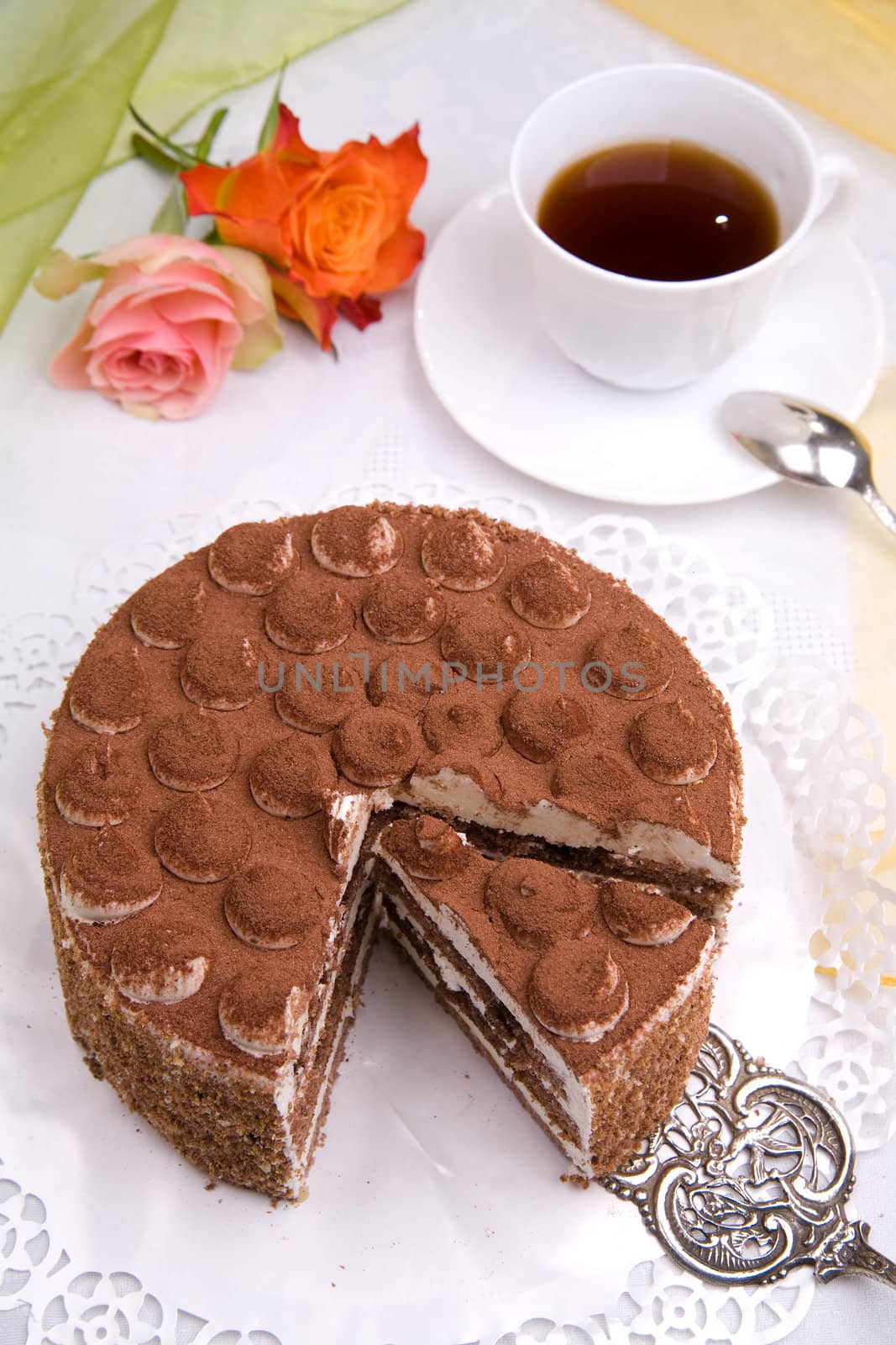 piece of delicious cake with coffee