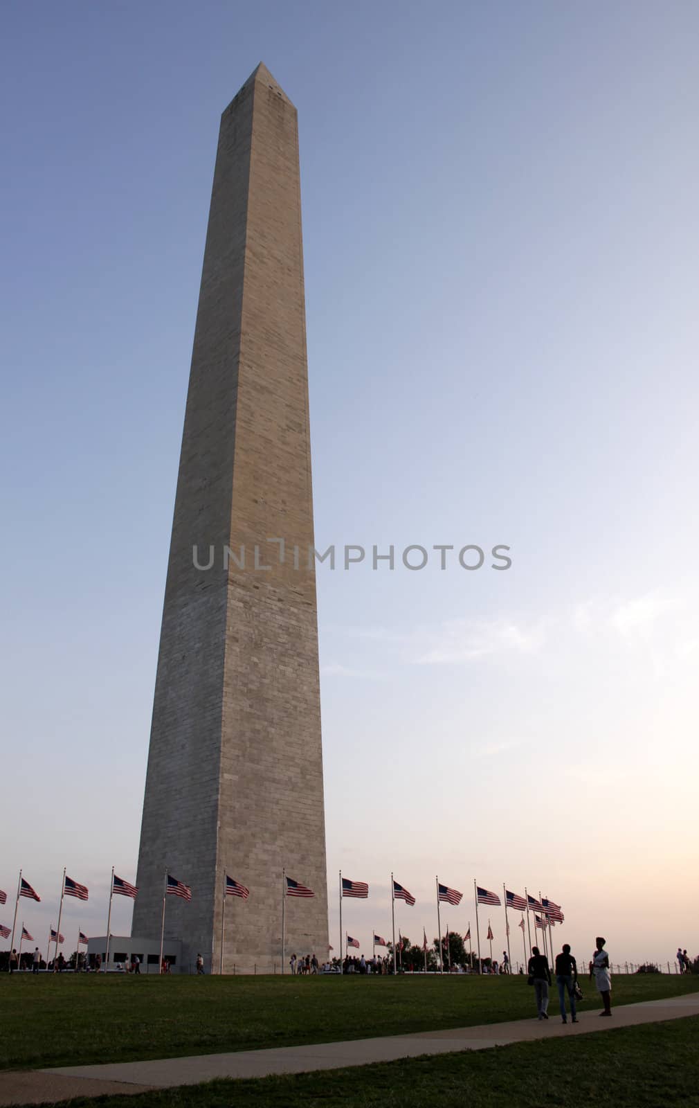 The base of the Washington monument shot at dusk, in Washington DC, USA.
