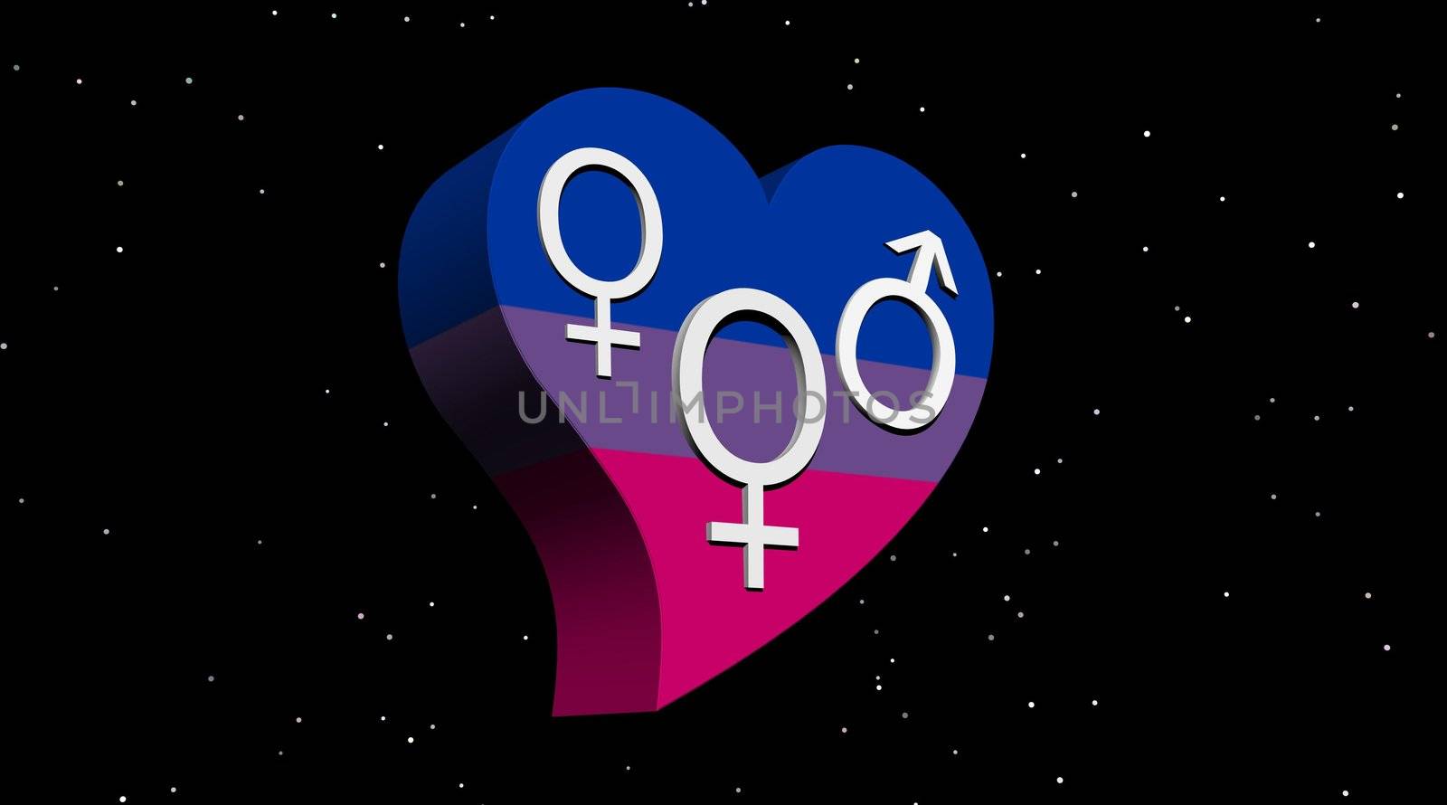 Two female and a male symbols representing a bisexual woman in flag color heart in dark night with stars