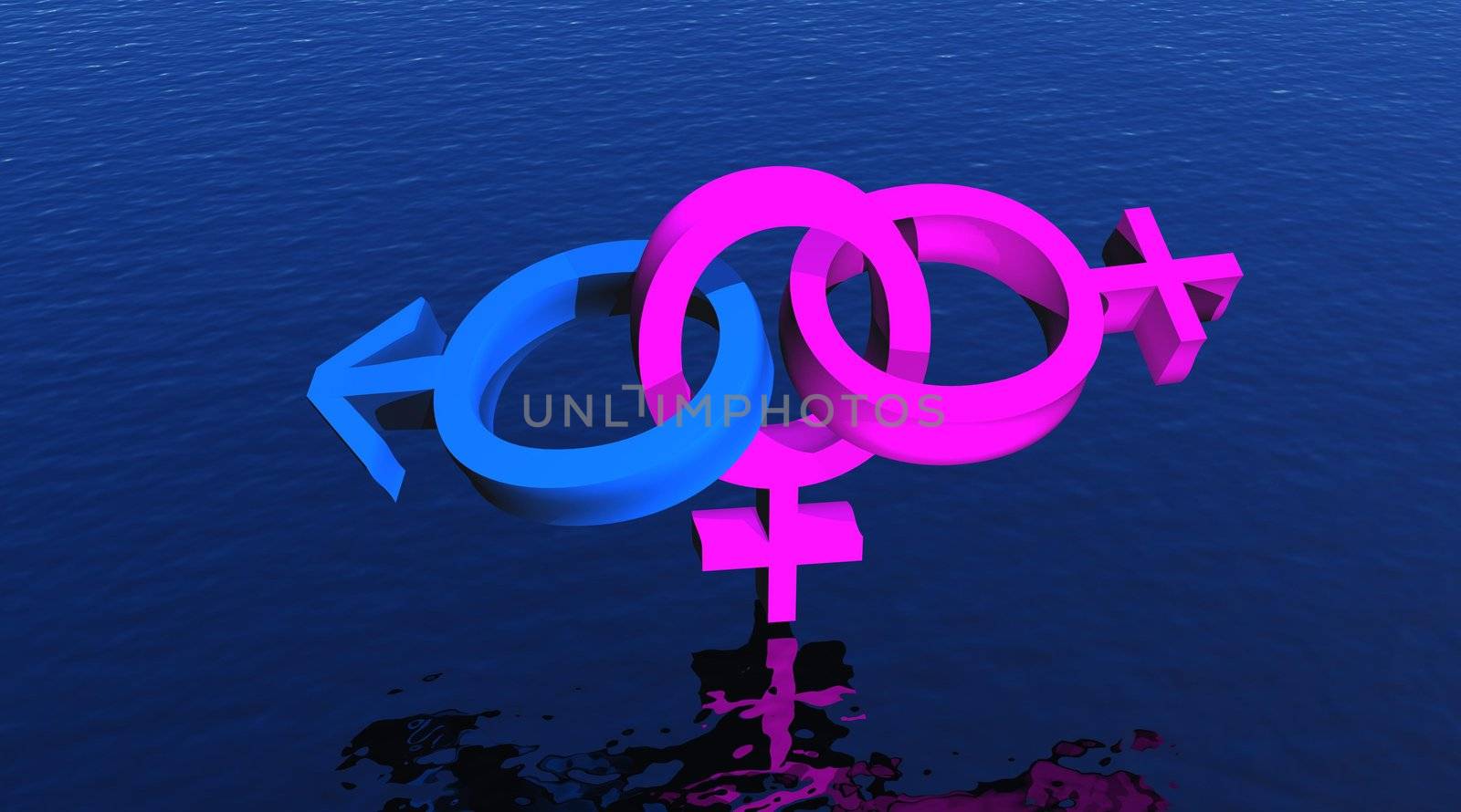 Two pink female symbols and one blue male symbol representing a bisexual woman upon ocean