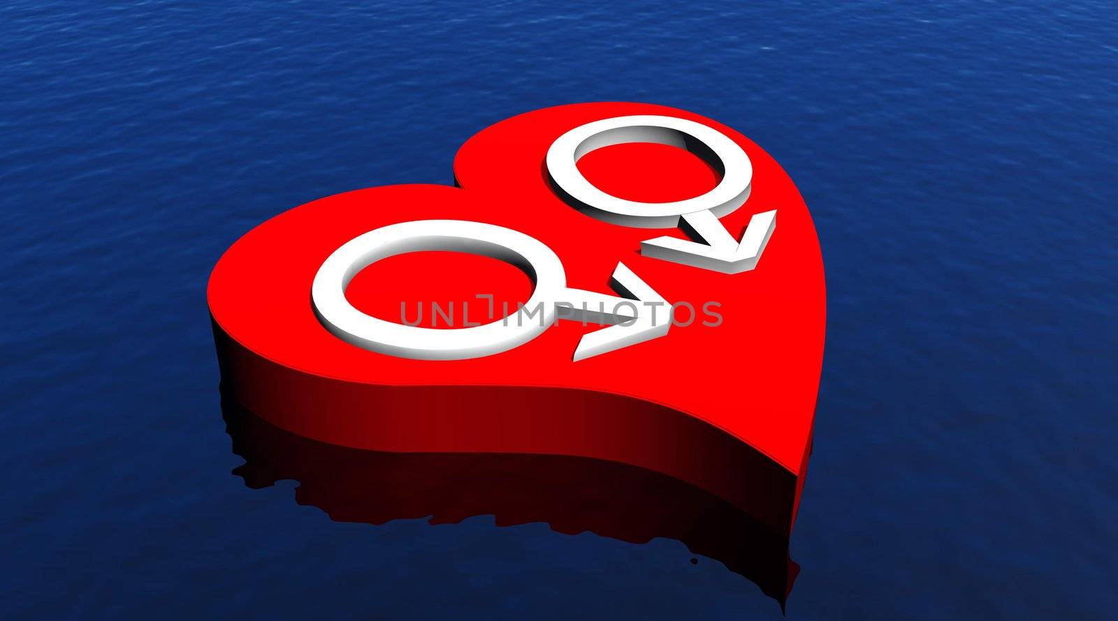 Two male symbols representing a gay couple in red heart floating in the ocean