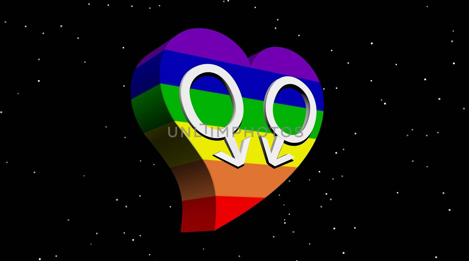 Two male symbols representing a gay couple in rainbow color heart by night with stars