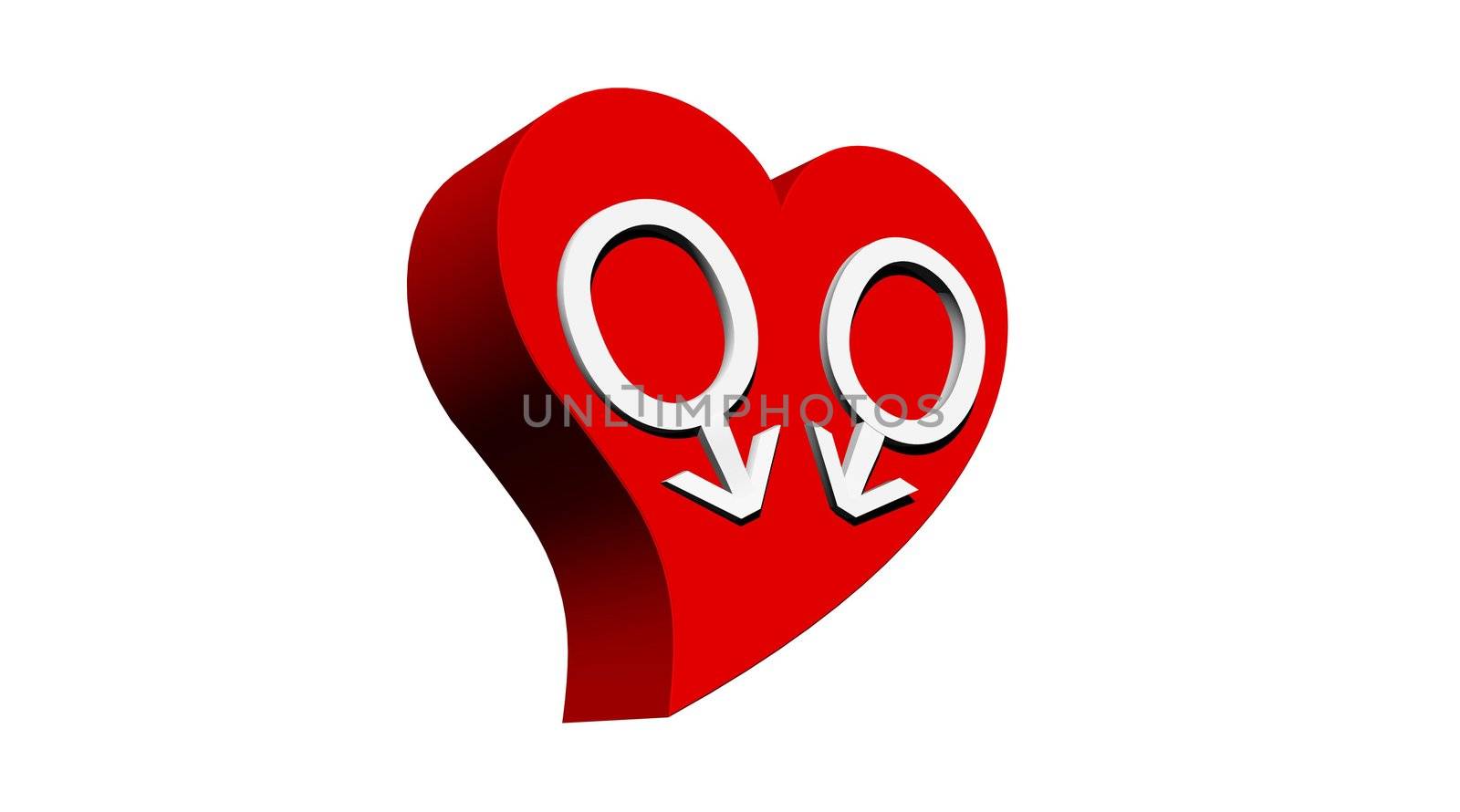 Two male symbols representing a gay couple in red heart in white background