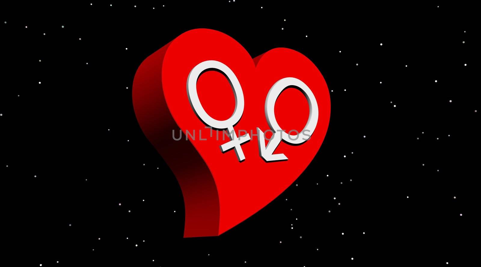 One male and one female symbol representing a heterosexual couple in red heart in night with stars