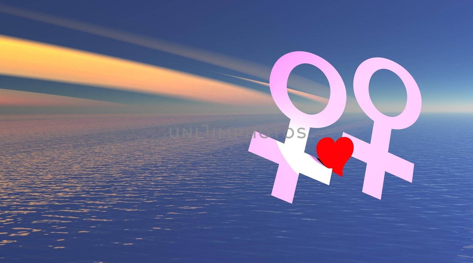 Two pink female symbols representing a lesbian couple witch is holding red heart over the sea by colored sky