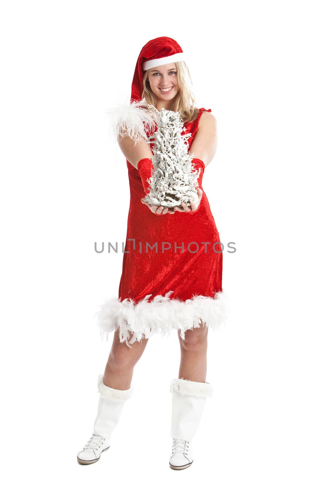 Pretty young blond girl in christmas outfit with tree