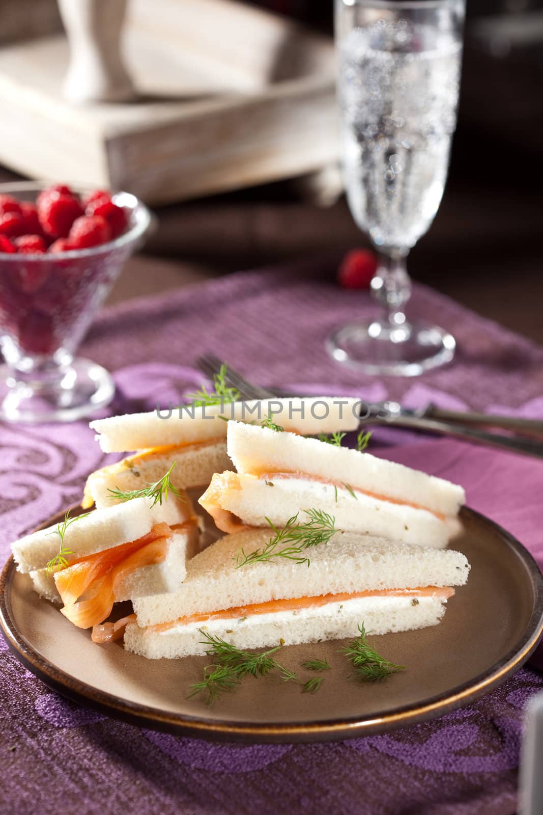 Small sandwiches for high tea with salmon and creamcheese
