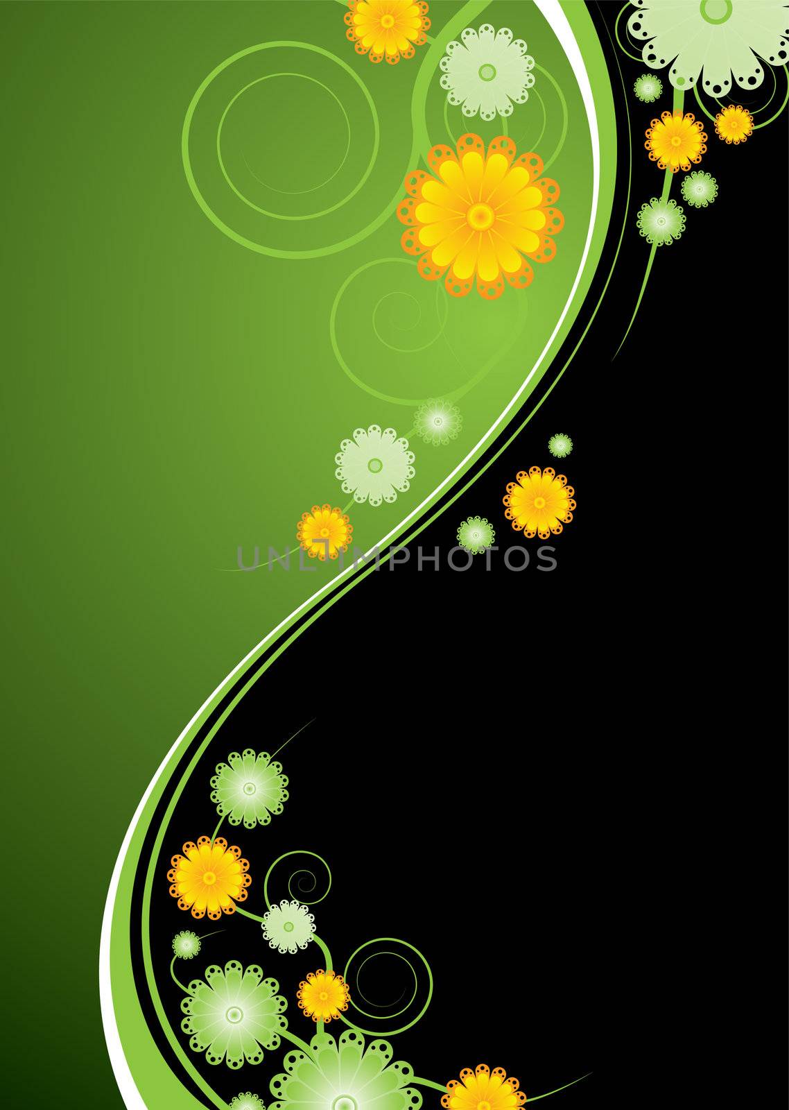Green and black abstract background with gloral elements and vines