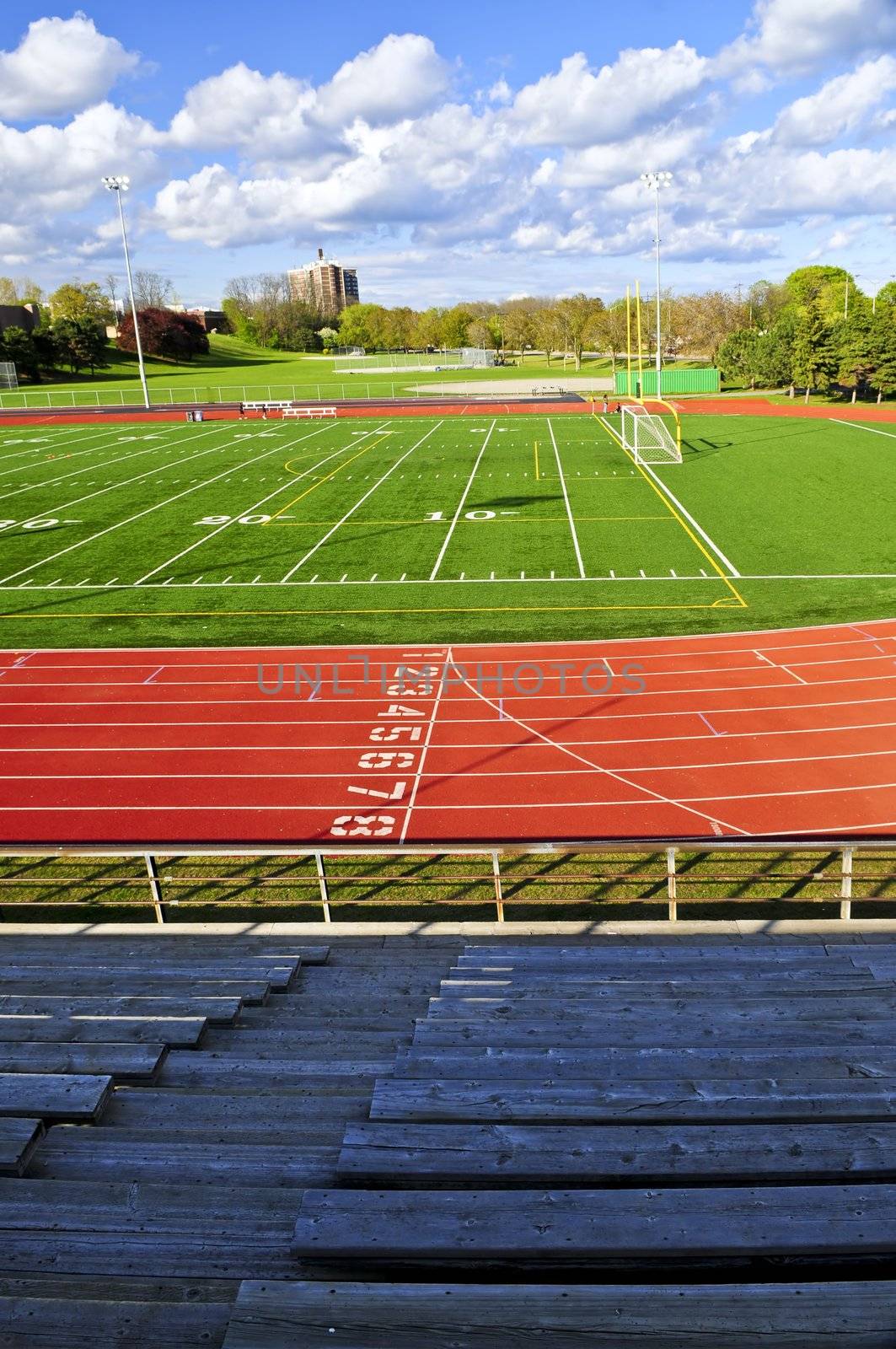 Wide angle view of public outdoor athletic stadium