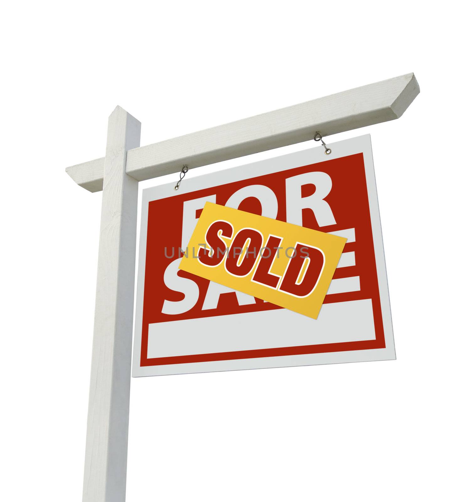 Sold Home For Sale Real Estate Sign Isolated on a White Background.