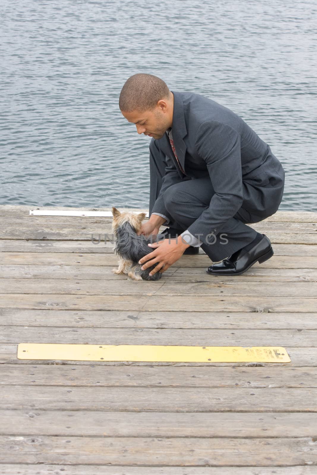Ethnic Business Man with his Yorkshire Terrier Dog standing on a pier next to the lake.